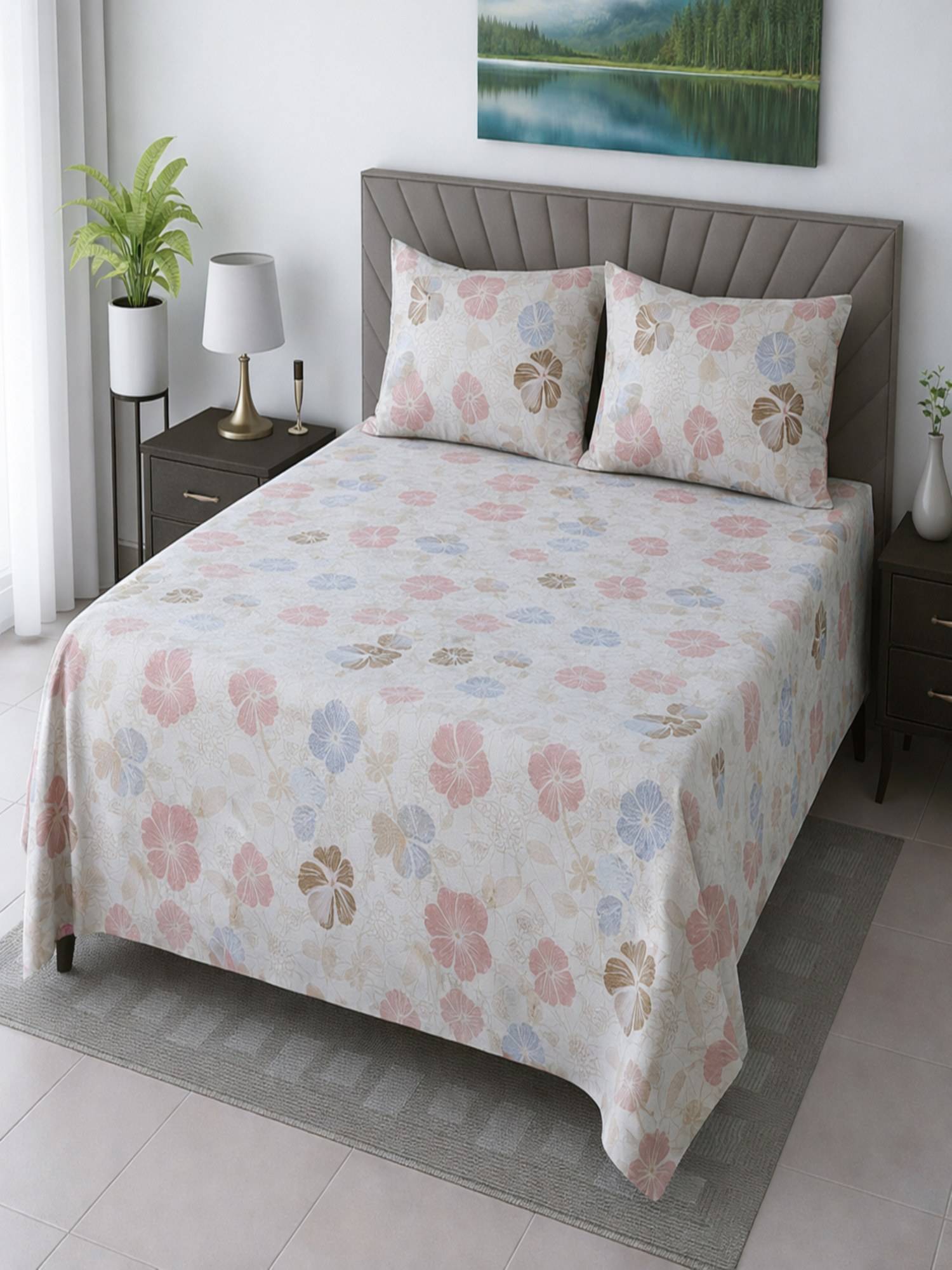 Threadwear Cotton Flat Bedsheet With 2 Pillow cover (Queen)