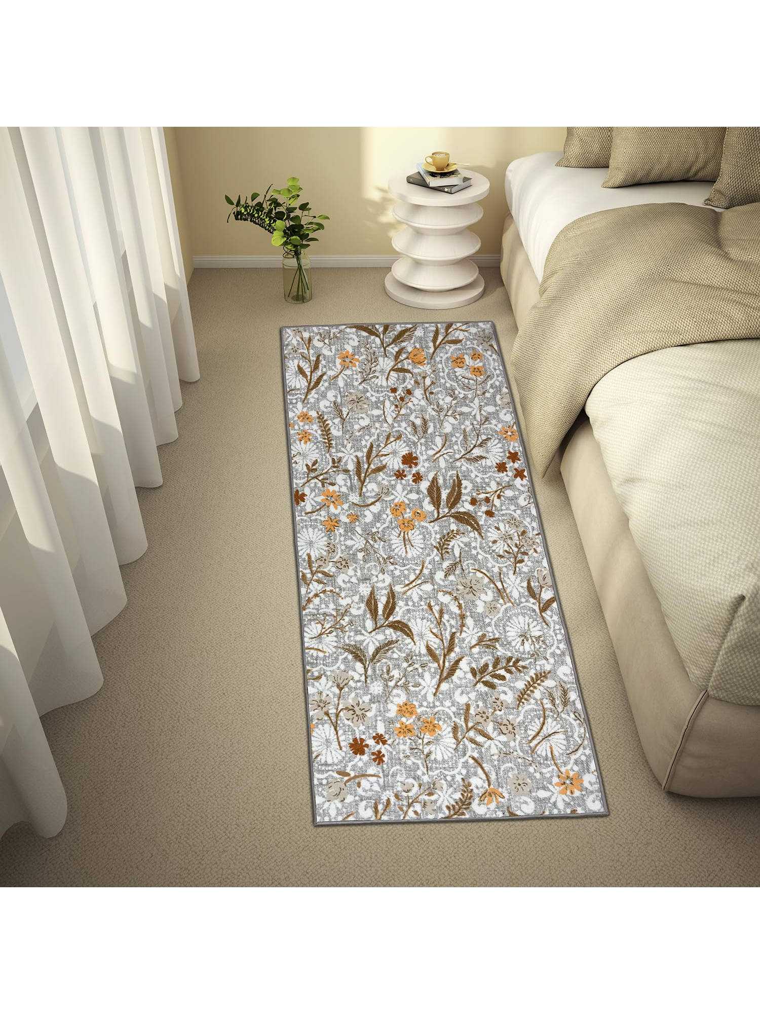 Welspun White Wonderful Polyester Machine Tufted Floral Bedside Runner