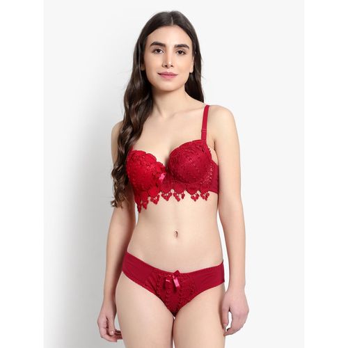 BRACHY Maroon Heavily Padded Underwired Self Design Lace Bikini Bra with  Panty (Set of 2) (34B)