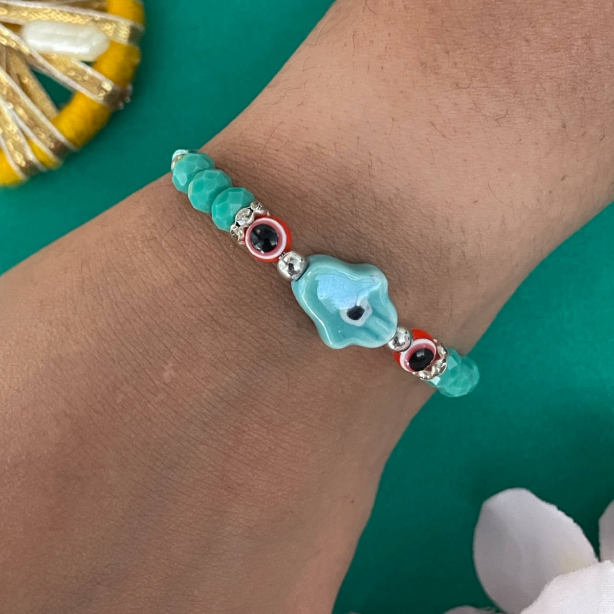 Digital Dress Room Green Hamsa Evil Eye Bead Rakhi