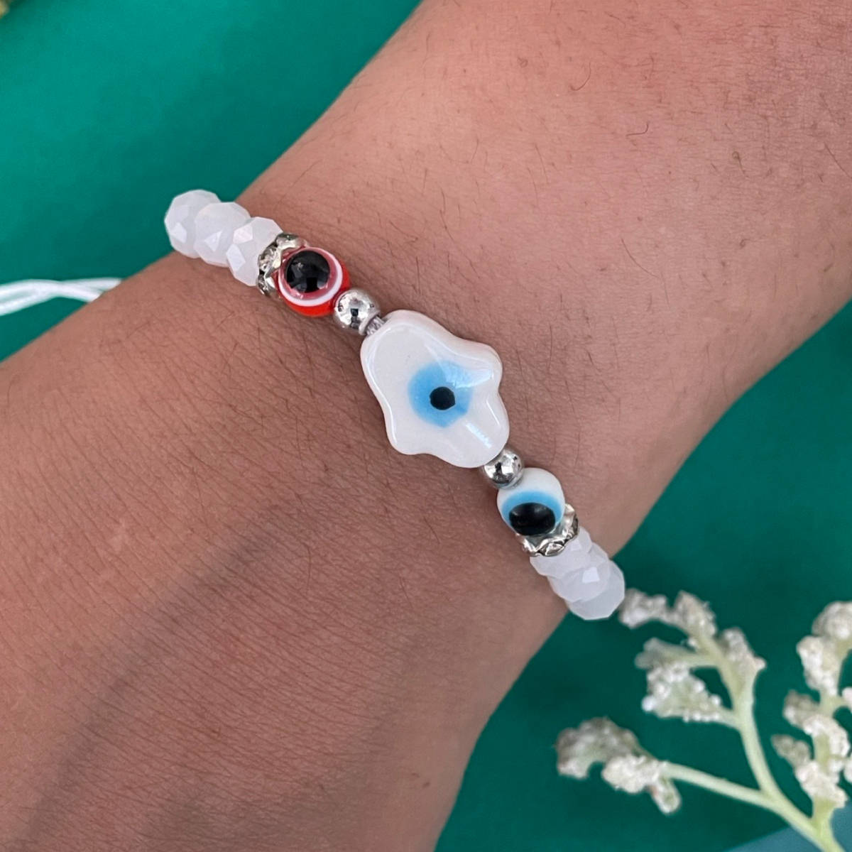 Digital Dress Room White Hamsa Evil Eye Bead Rakhi