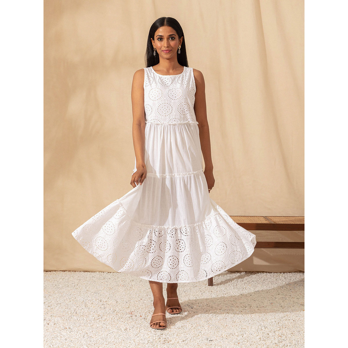 Isla & White Ethnic Feathers Cream Manantiales Long Cotton Dress
