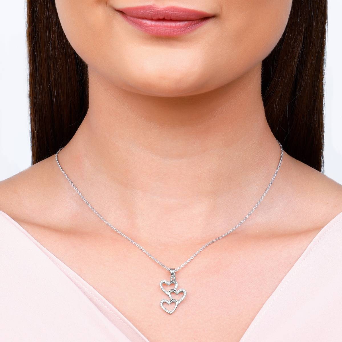 GIVA Sterling Silver Zircon Studded Stacked Hearts Pendant With Chain for Womens and Girls