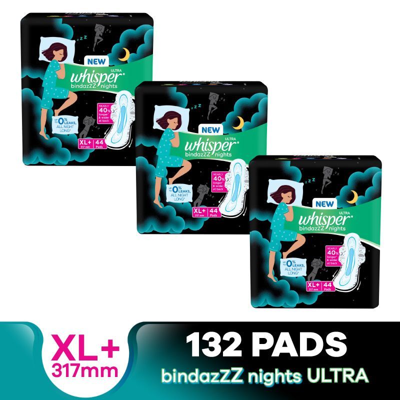 Buy Whisper Bindazzz Night Sanitary Pads, Pack of 44 thin Pads, XL+
