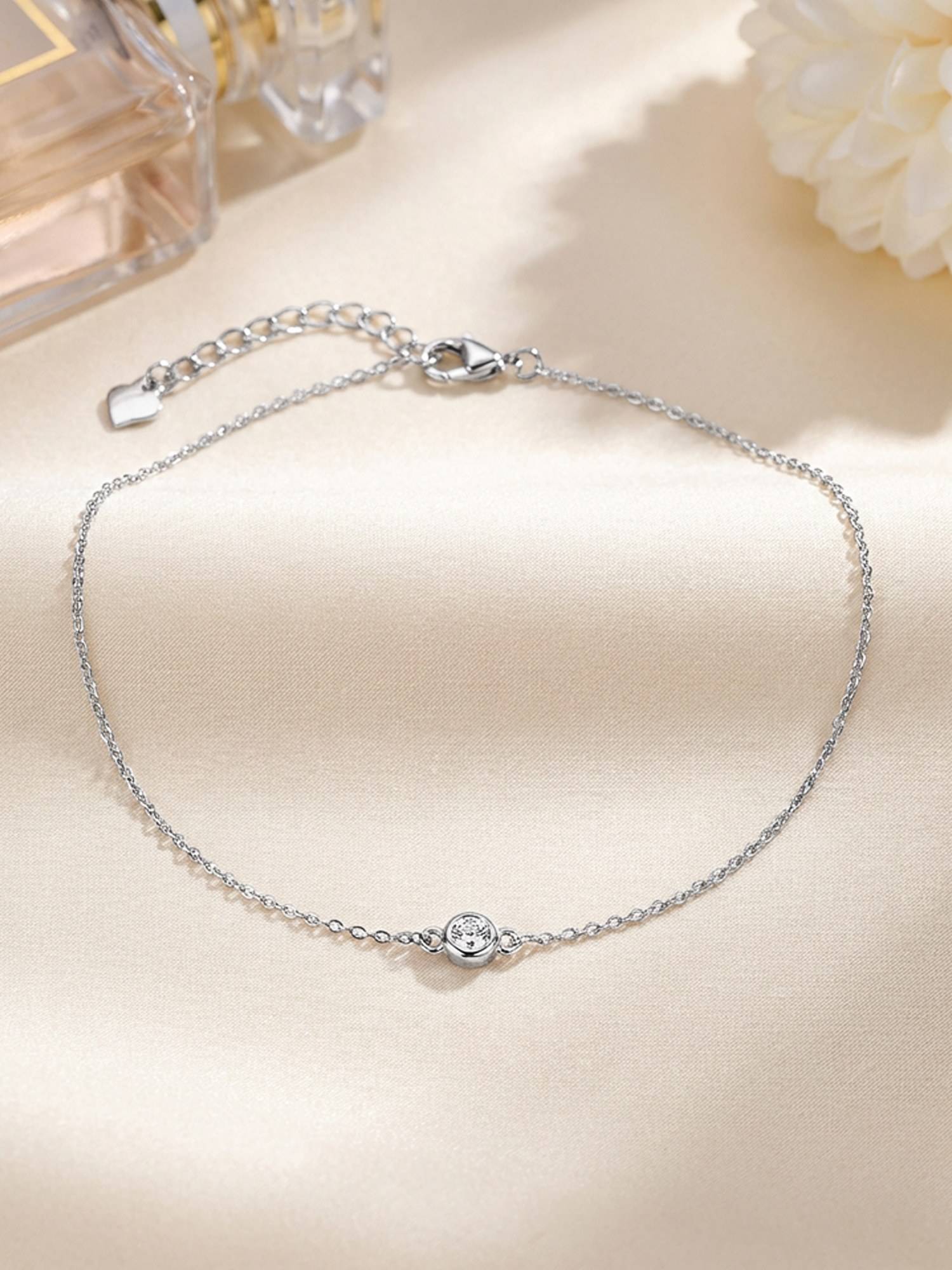 925 Silver 0.32 Carat Round American Diamond Adjustable Anklet For Women & Girls
