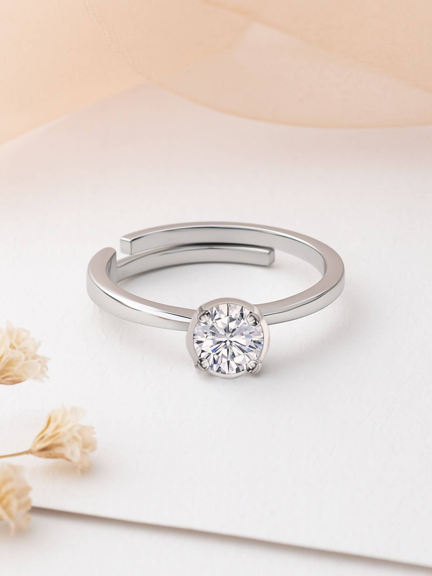 Ornate Jewels 925 Silver 1 Carat American Diamond Adjustable Solitaire Ring For Women & Girls