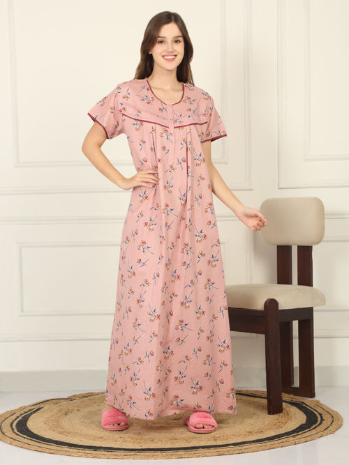 Buy Sweet Dreams Women Peach Floral Printed Full Length Night Dress Online