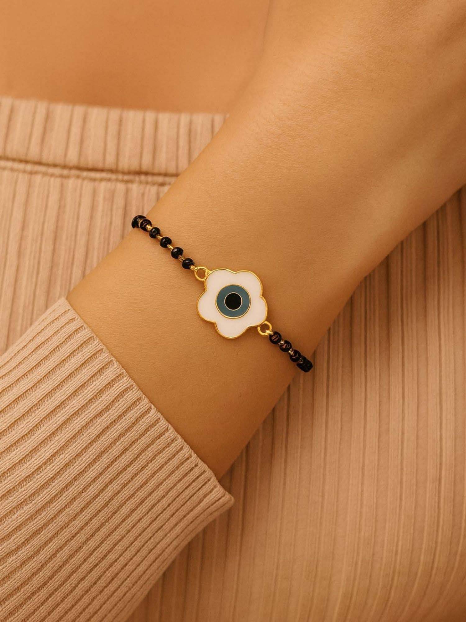 I Jewels Gold Plated Adjustable Floral Evil Eye Pendant Mangalsutra Bracelet Women