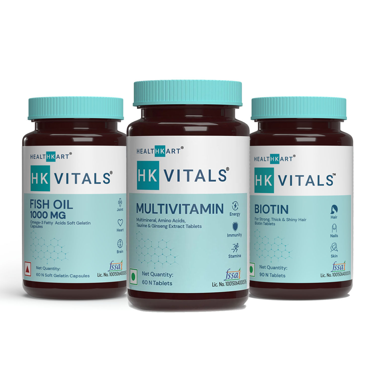 HealthKart HK Vitals Multivitamin - 60 N + Fish Oil 1000mg - 60 Capsules + Biotin 10000mcg - 90 N