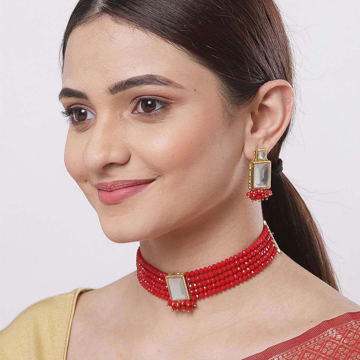 Shop Rubans Gold Plated Handcrafted Red Stone Studded White Beaded Choker  Set. Online at Rubans