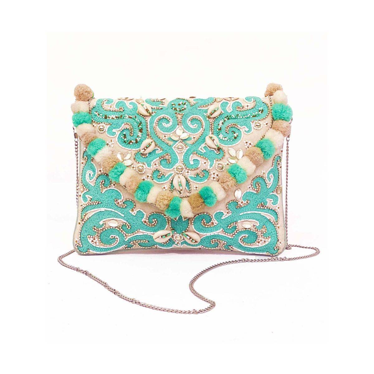 PRAVO Sea Green Embroidered & Embellished Sling Bag