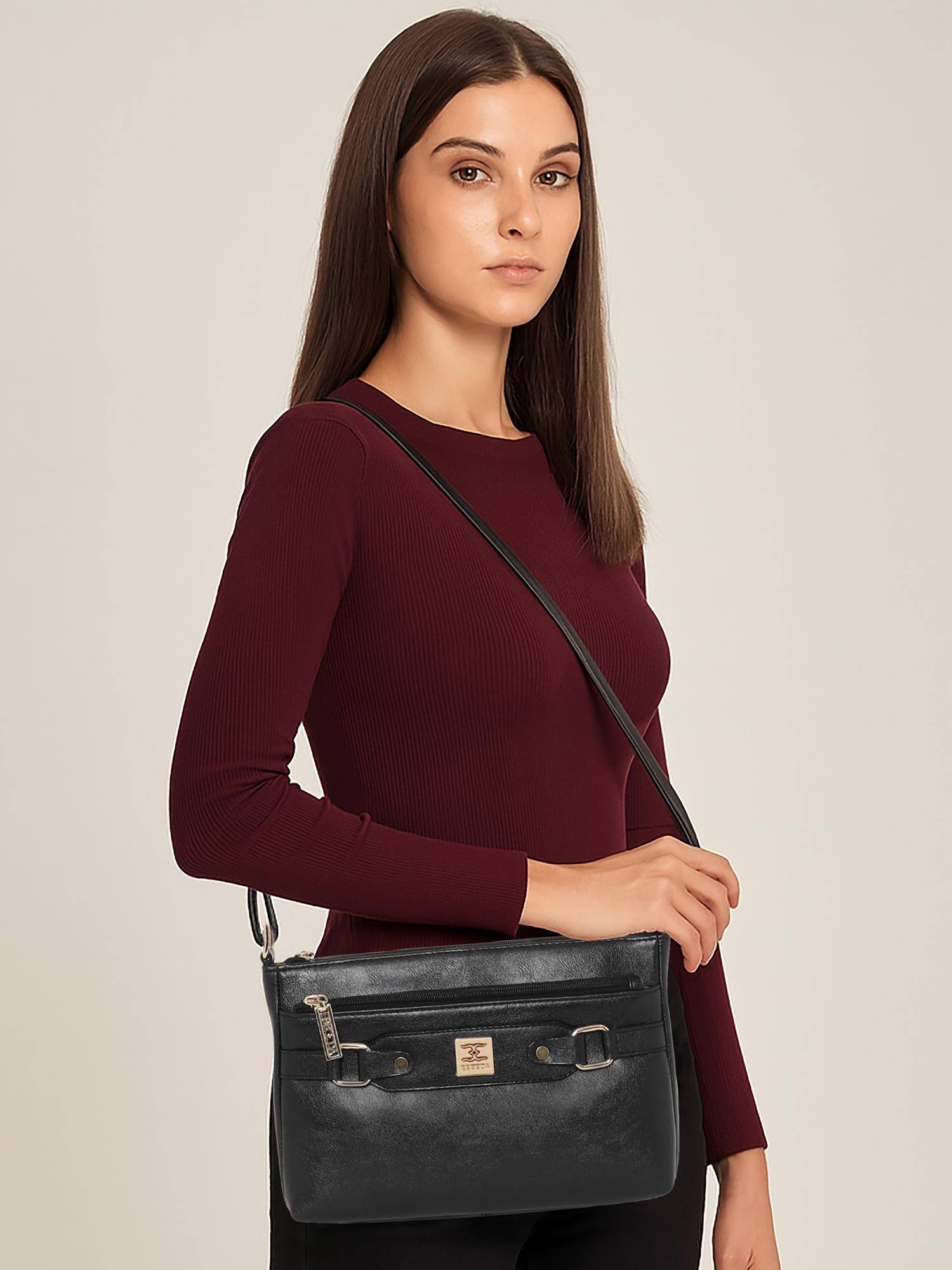 ESBEDA Black Colour Classic Structured Buckle Sling Bag For Strap (M)