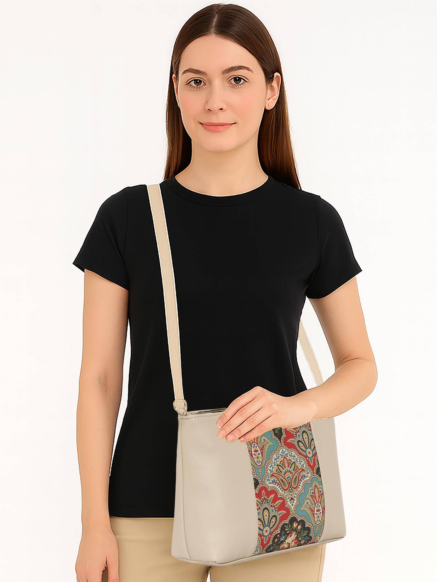 ESBEDA Beige Colour Ethnic Print Panel Sling Bag For Strap (S)