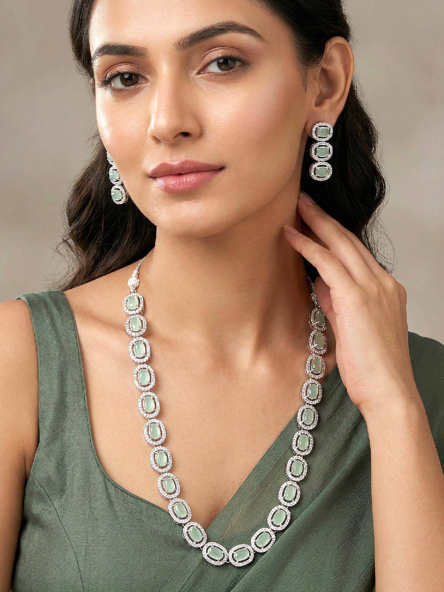 Peora CZ & Silver Studded Gold Plated Long Necklace & Earrings