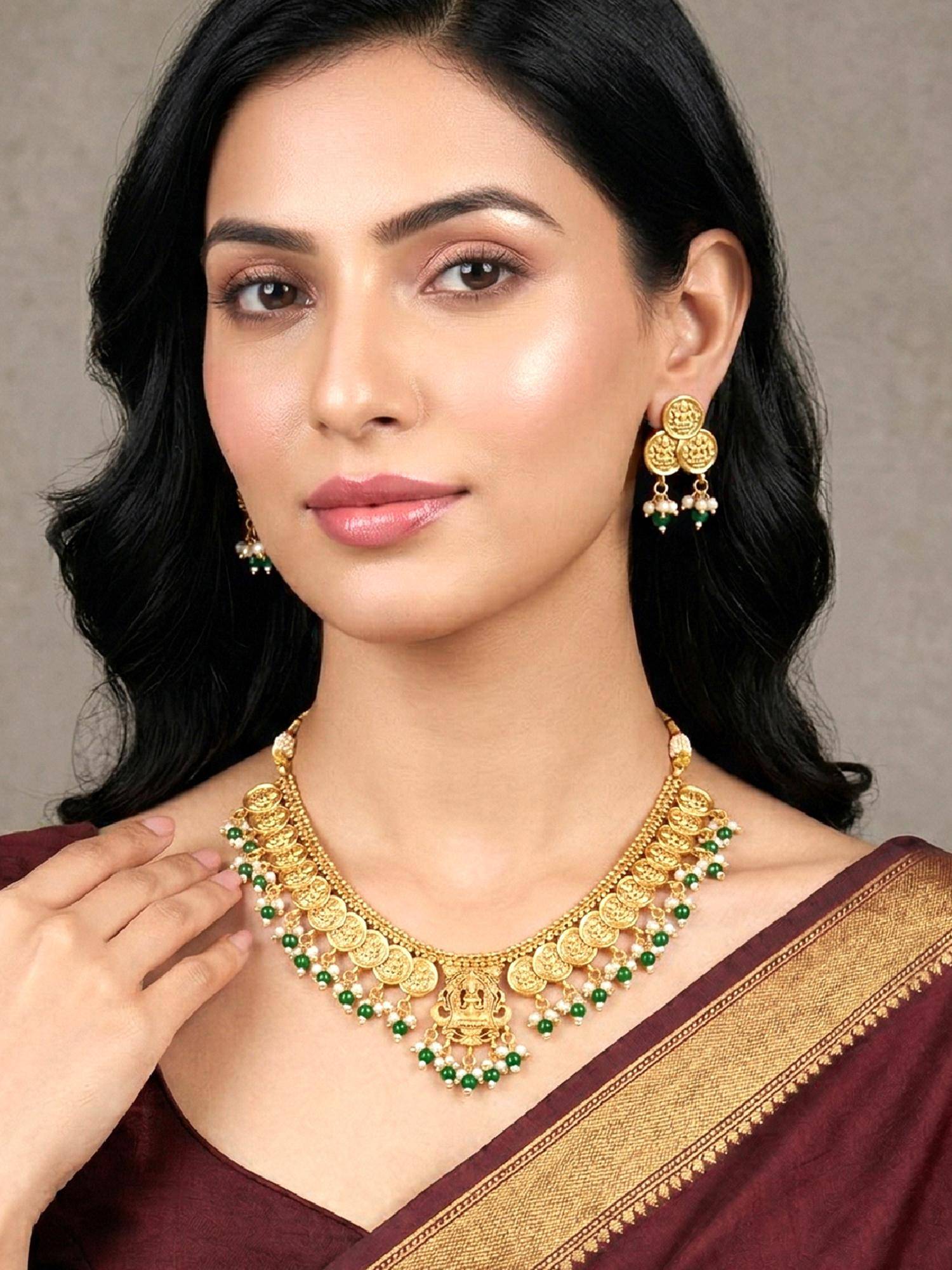 Peora Green Beads Studded Gold Plated Necklace with Earrings