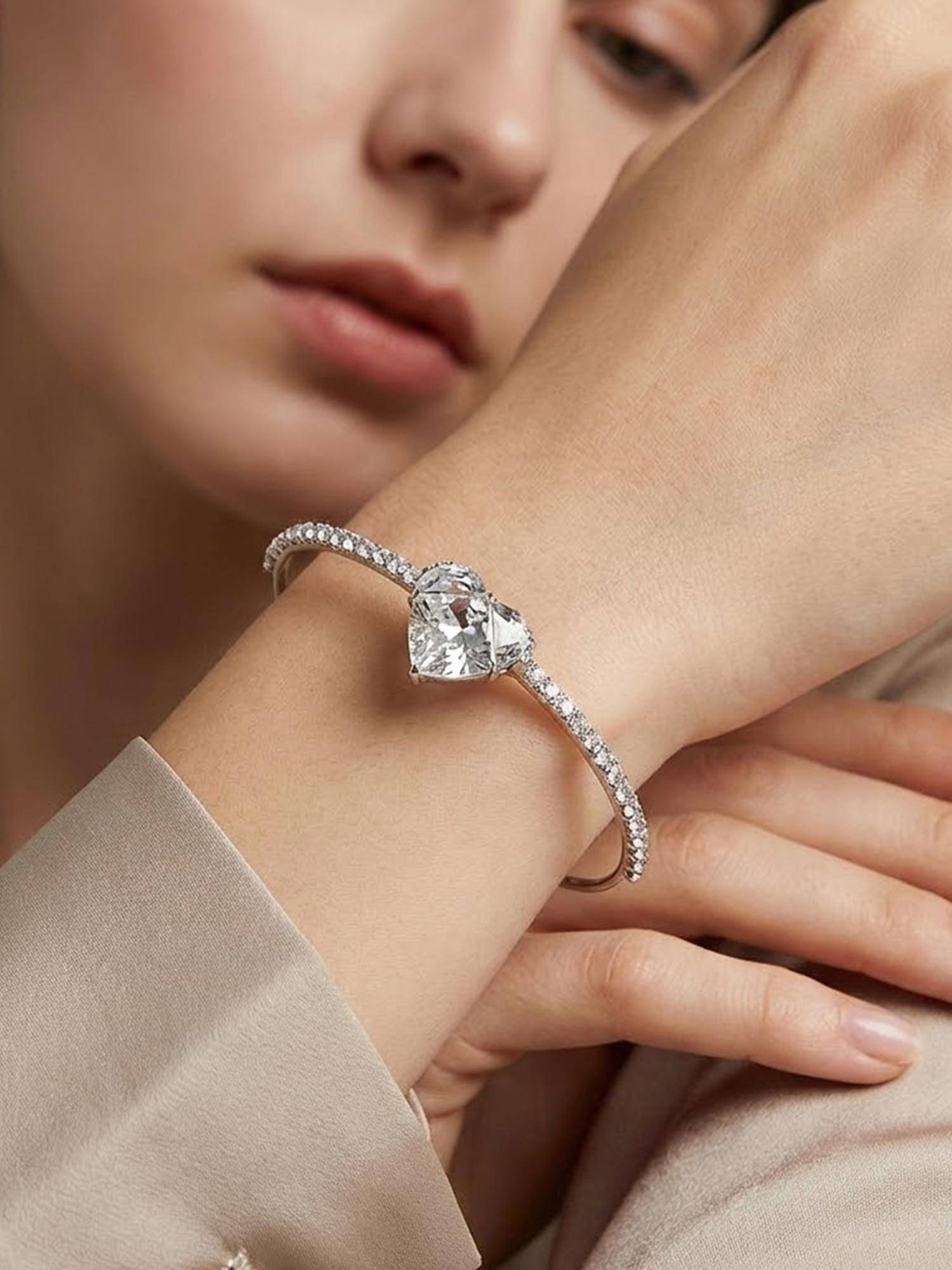 Peora Crystal and Cubic Zirconia Studded Silver Plated Kada Bracelet