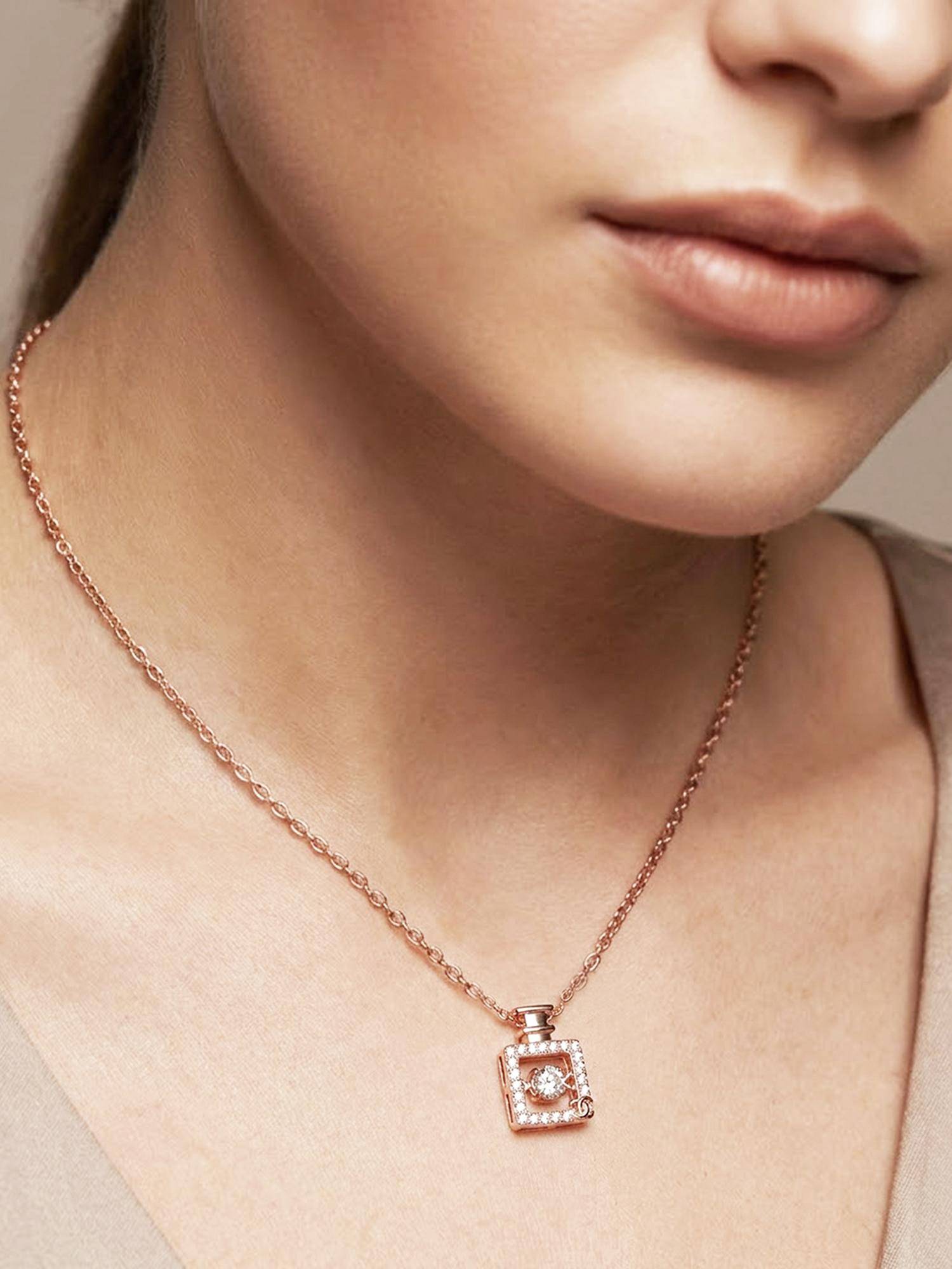 Peora Crystal and Cz Studded Rose Gold Plated Pendant Chain Necklace