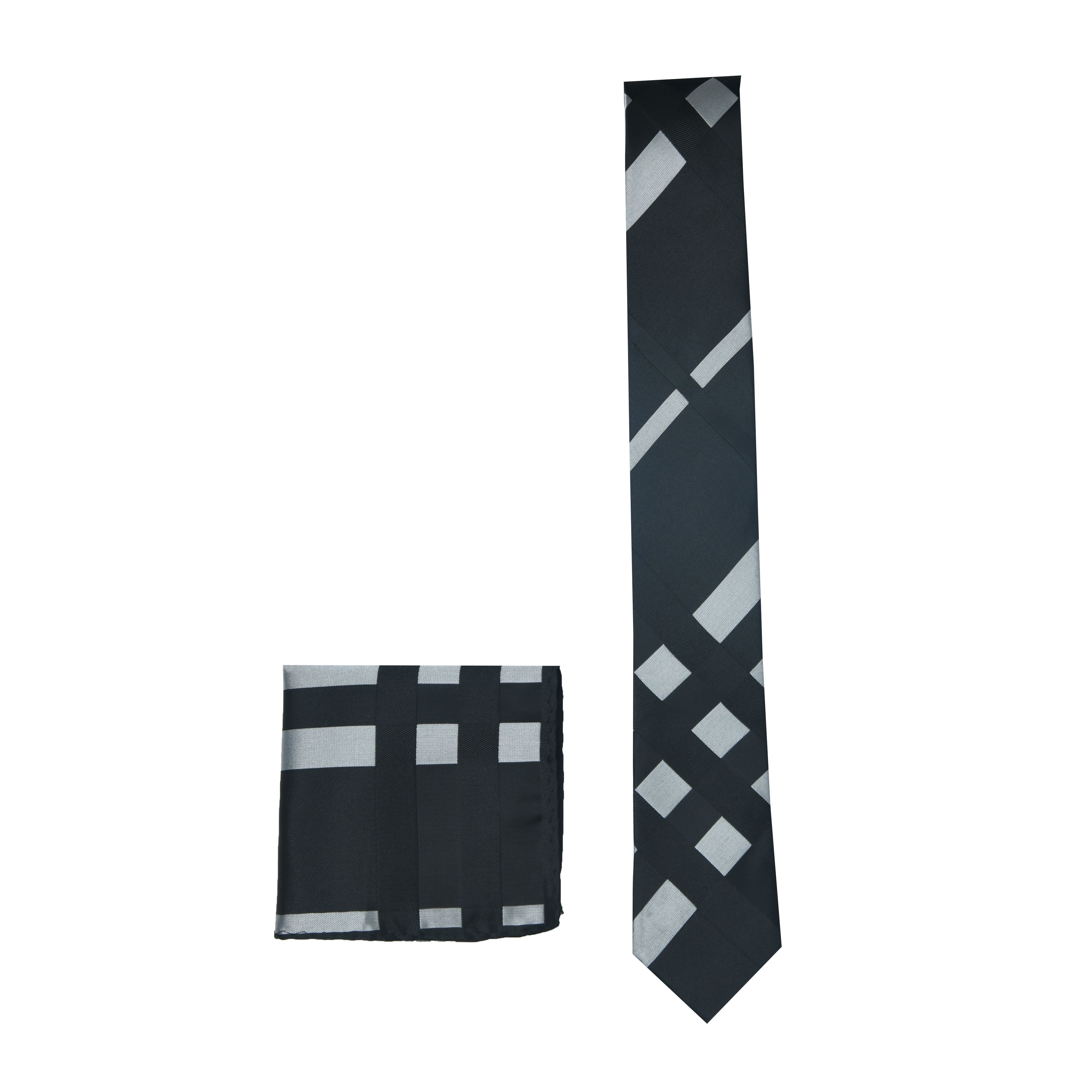 Toffcraft Multi Chequered Neck Tie & Pocket Square - Deep Black