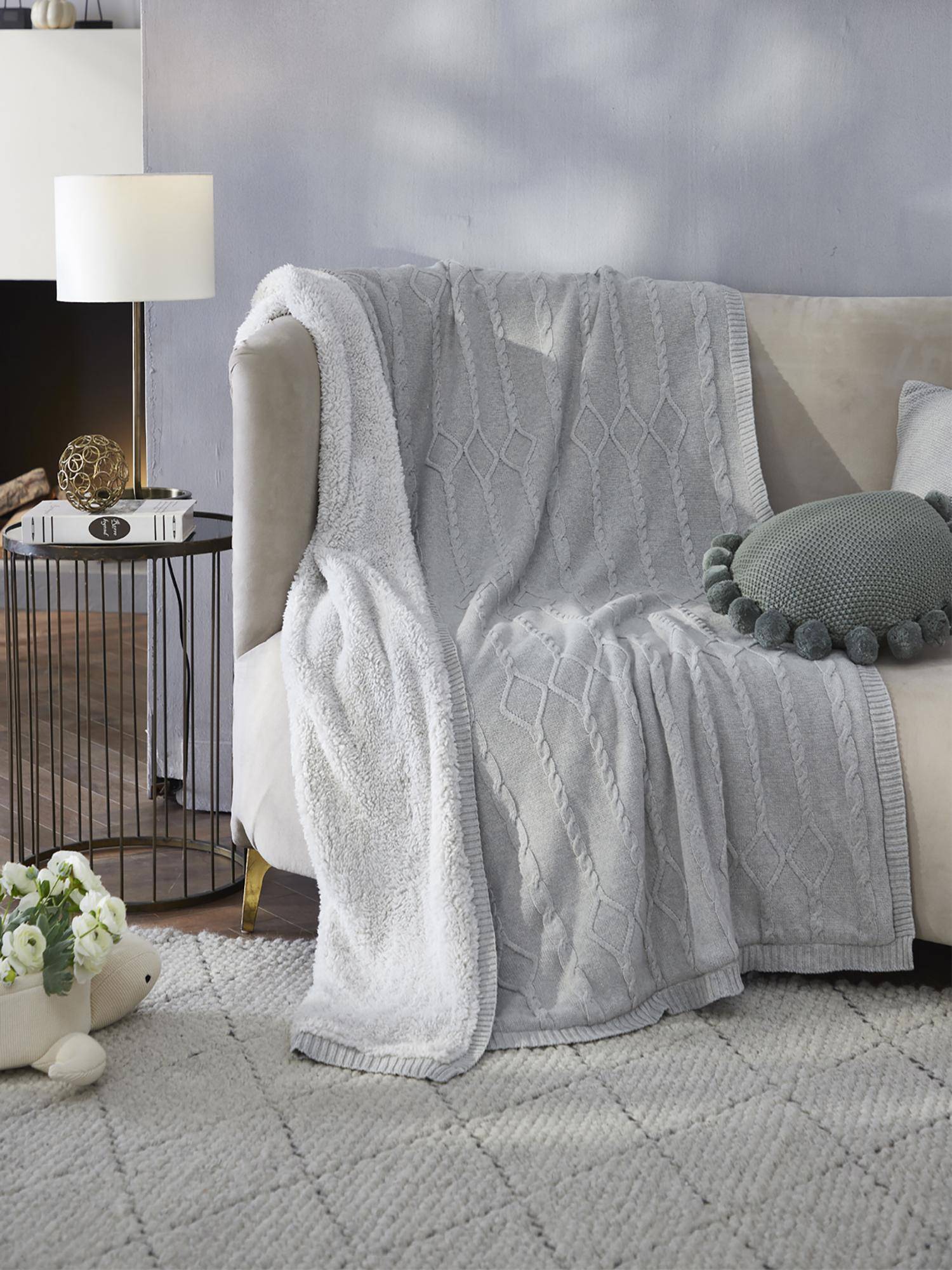 PLUCHI Twist Cable Cotton Knitted Throw Blanket With Warm Sherpa (Cool Grey)