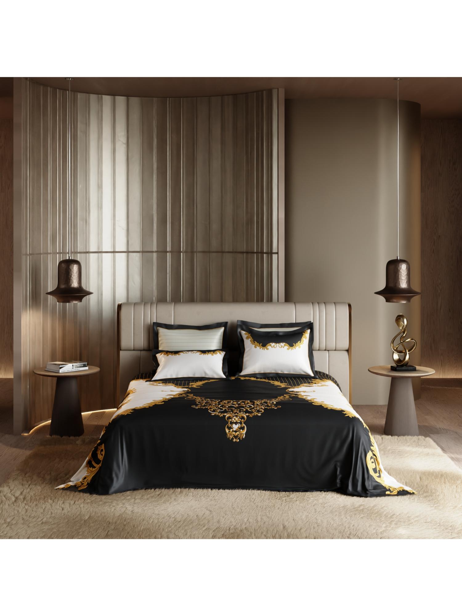 Stoa Paris Baroque Satin Ritzy Affair Printed Super King Bed Sheet Set With 4 Pillow Covers