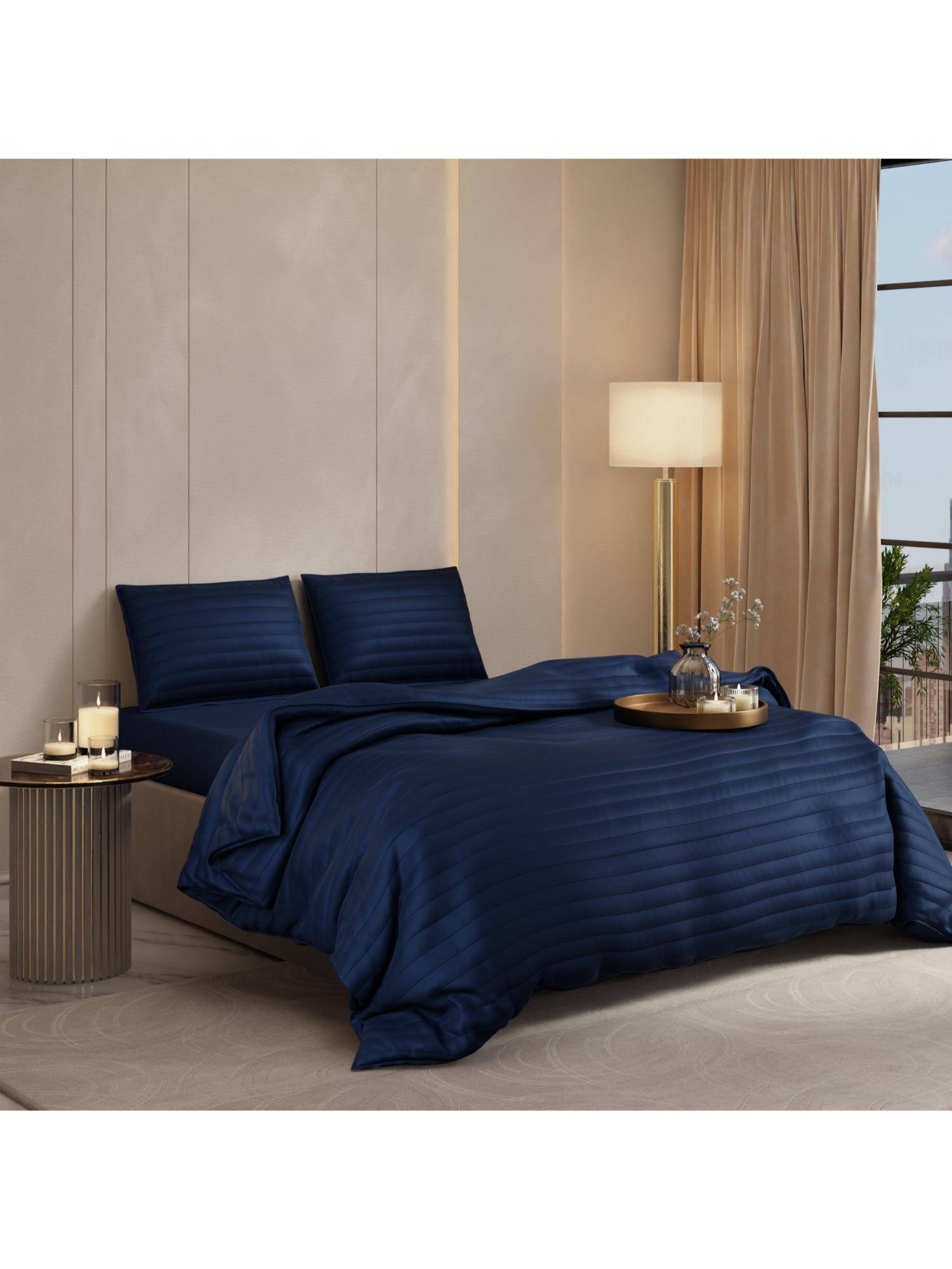 Stoa Paris Date Night Mystique Blue Sateen Quilted Super King Bed Cover Set