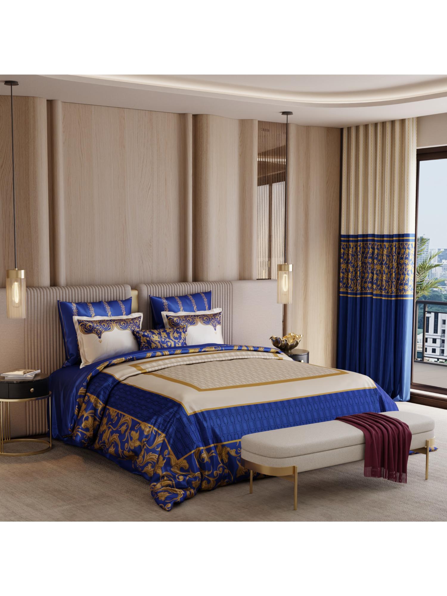 Stoa Paris Coronation 300 Tc Sateen Indigo Legacy Printed Super King Ensemble 9 Piece Bed In Bag