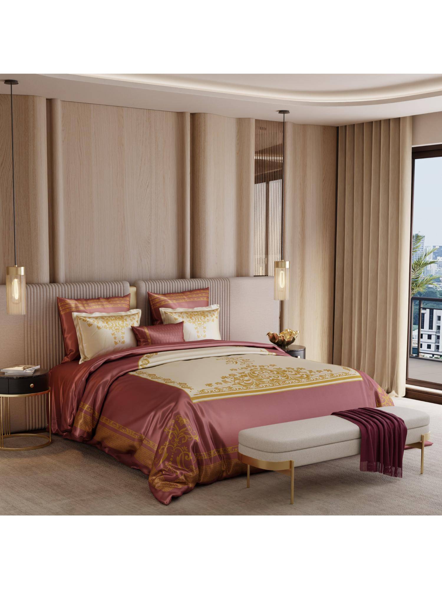 Stoa Paris Coronation 300 Tc Sateen Caramel Opus Printed Super King Ensemble 7 Piece Bed In Bag