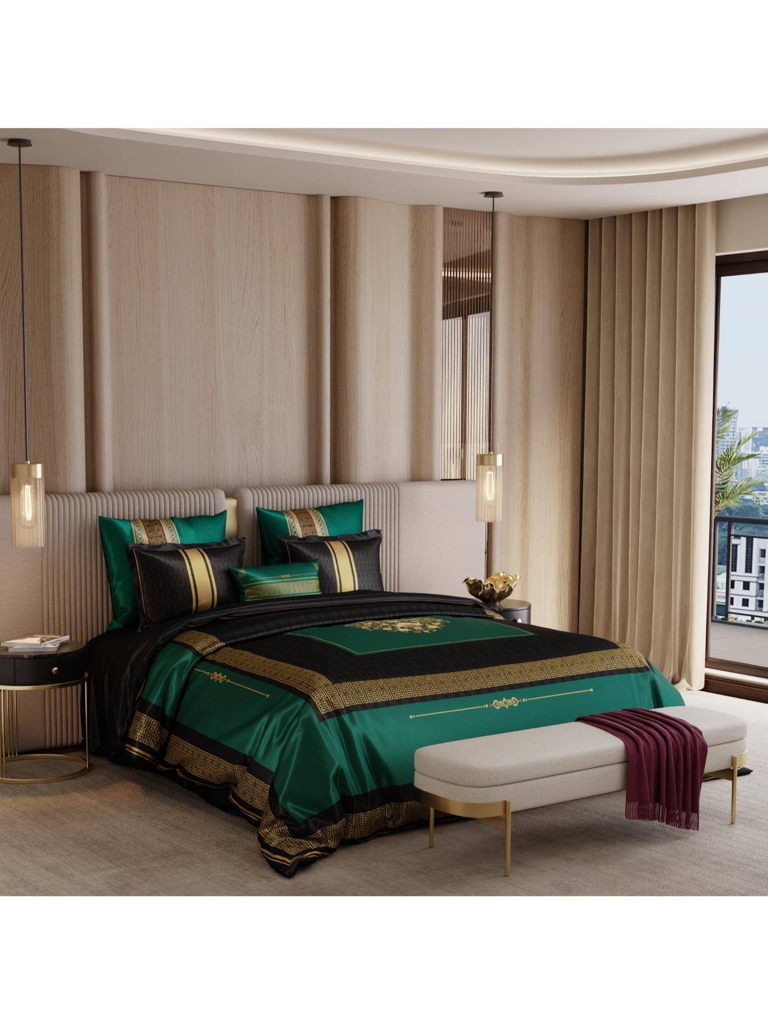 Stoa Paris Coronation 300 Tc Sateen Jade'S Crown Printed Super King Ensemble 7 Piece Bed In Bag