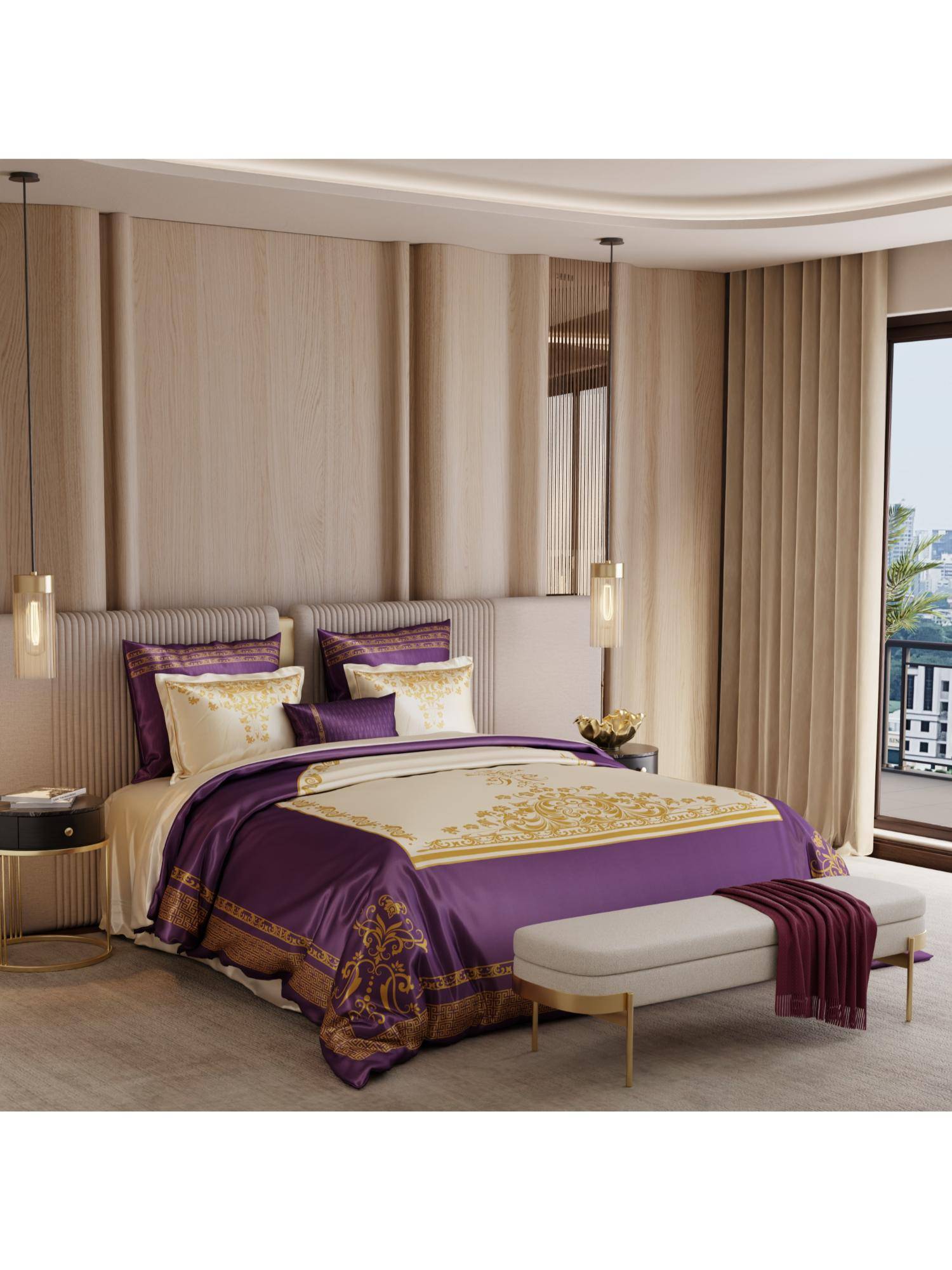 Stoa Paris Coronation 300 Tc Sateen Violet'S Arch Printed Super King Ensemble 7 Piece Bed In Bag