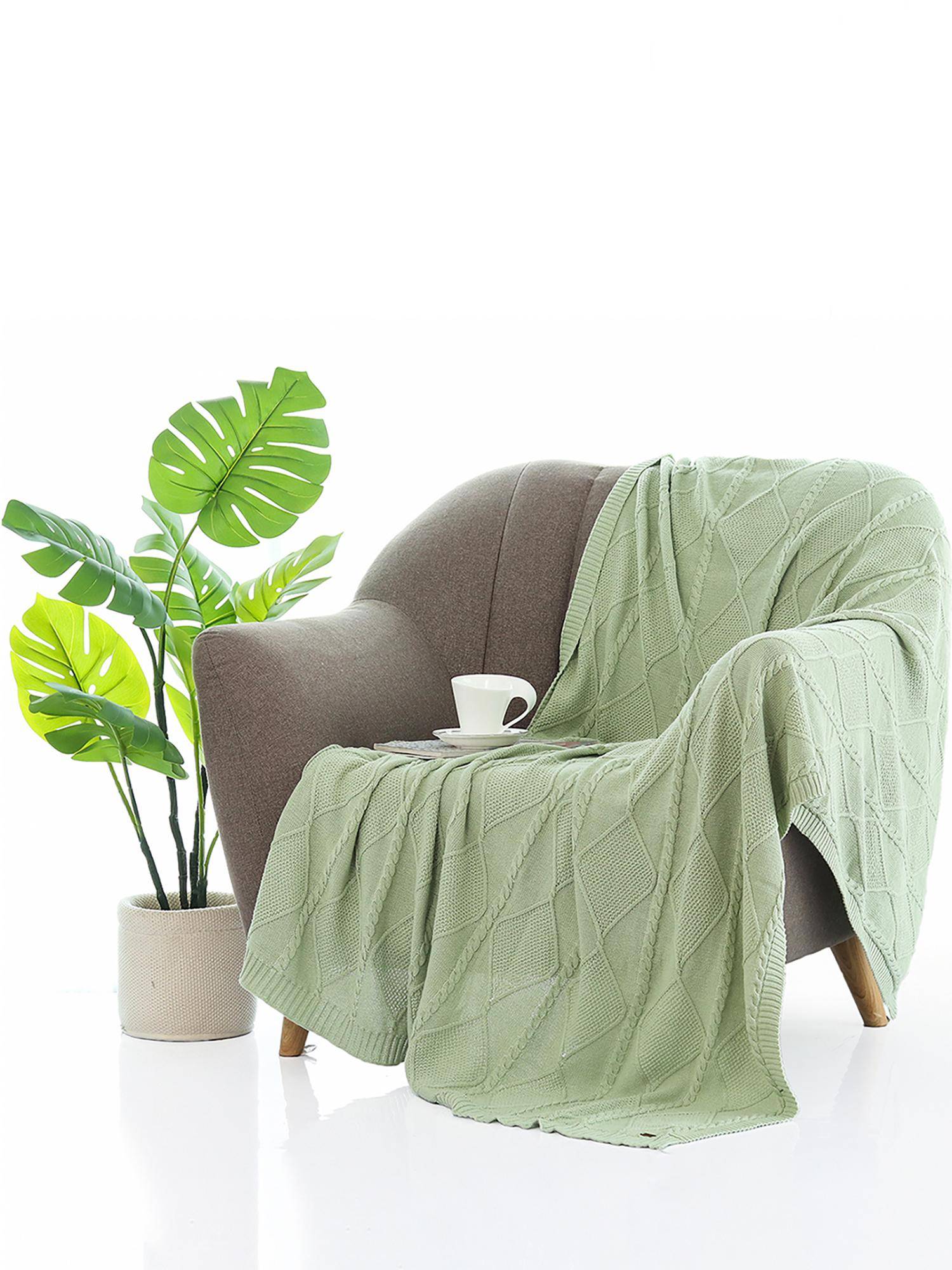 PLUCHI Cable Moss Throw Desert Sage Color 100% Cotton Knitted All Season Ac Throw Blanket