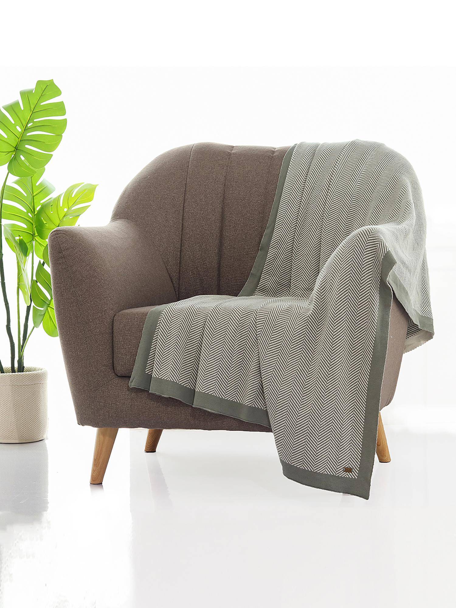 PLUCHI Herringbone Ryegrass & Natural Color 100% Cotton Knitted All Season Ac Throw Blanket