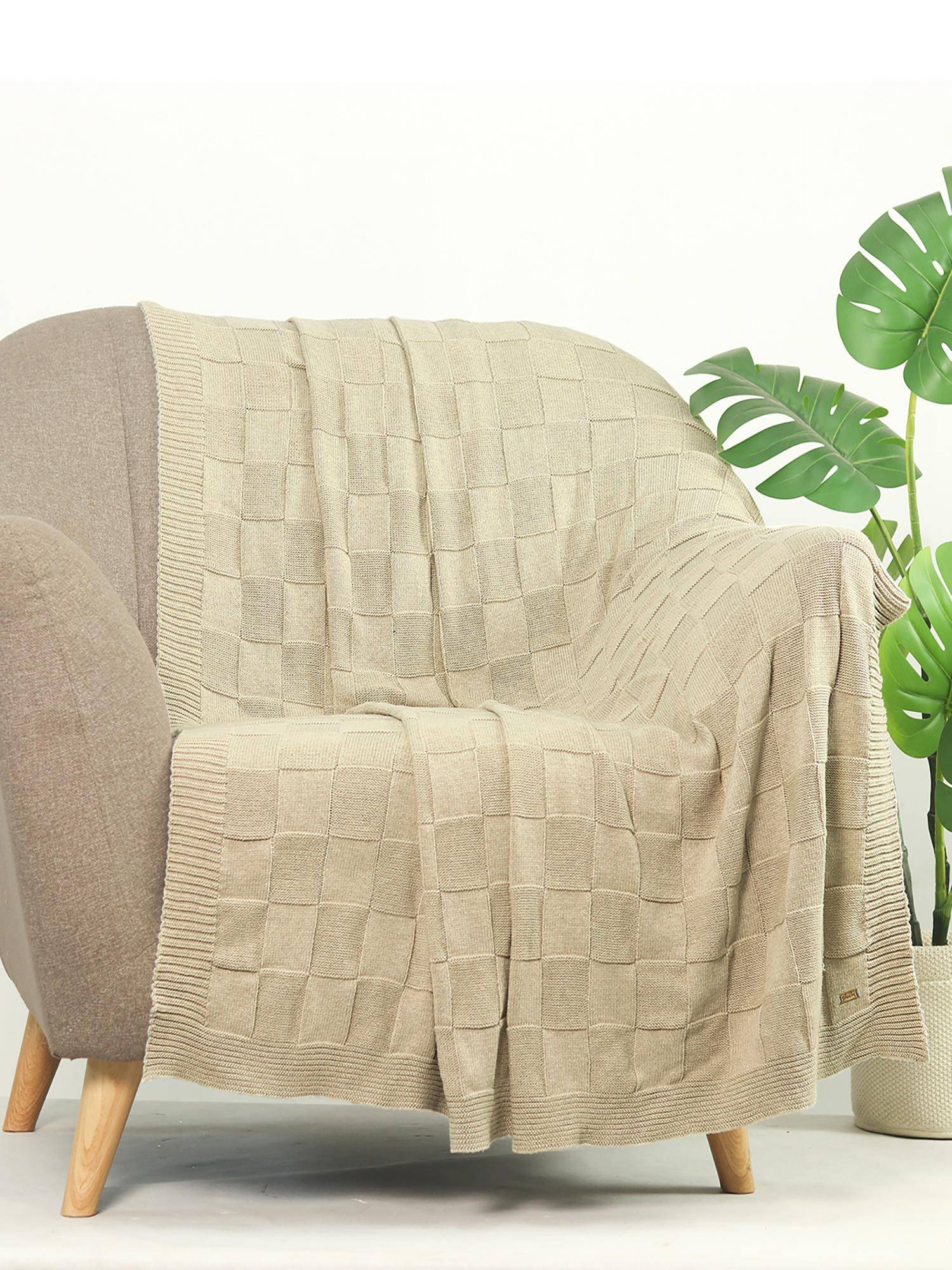 PLUCHI Square Check Cotton Knitted All Season Ac Throw Blanket (Beige)