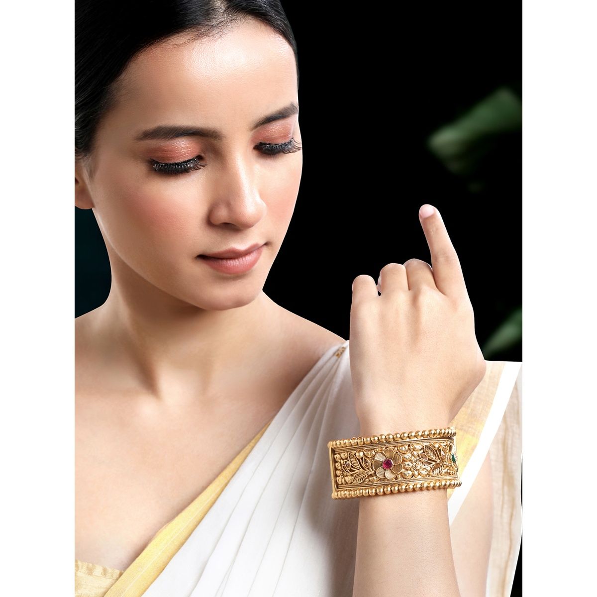 Buy Peora Gold Plated Stone Studded Openable Floral Design Bangle