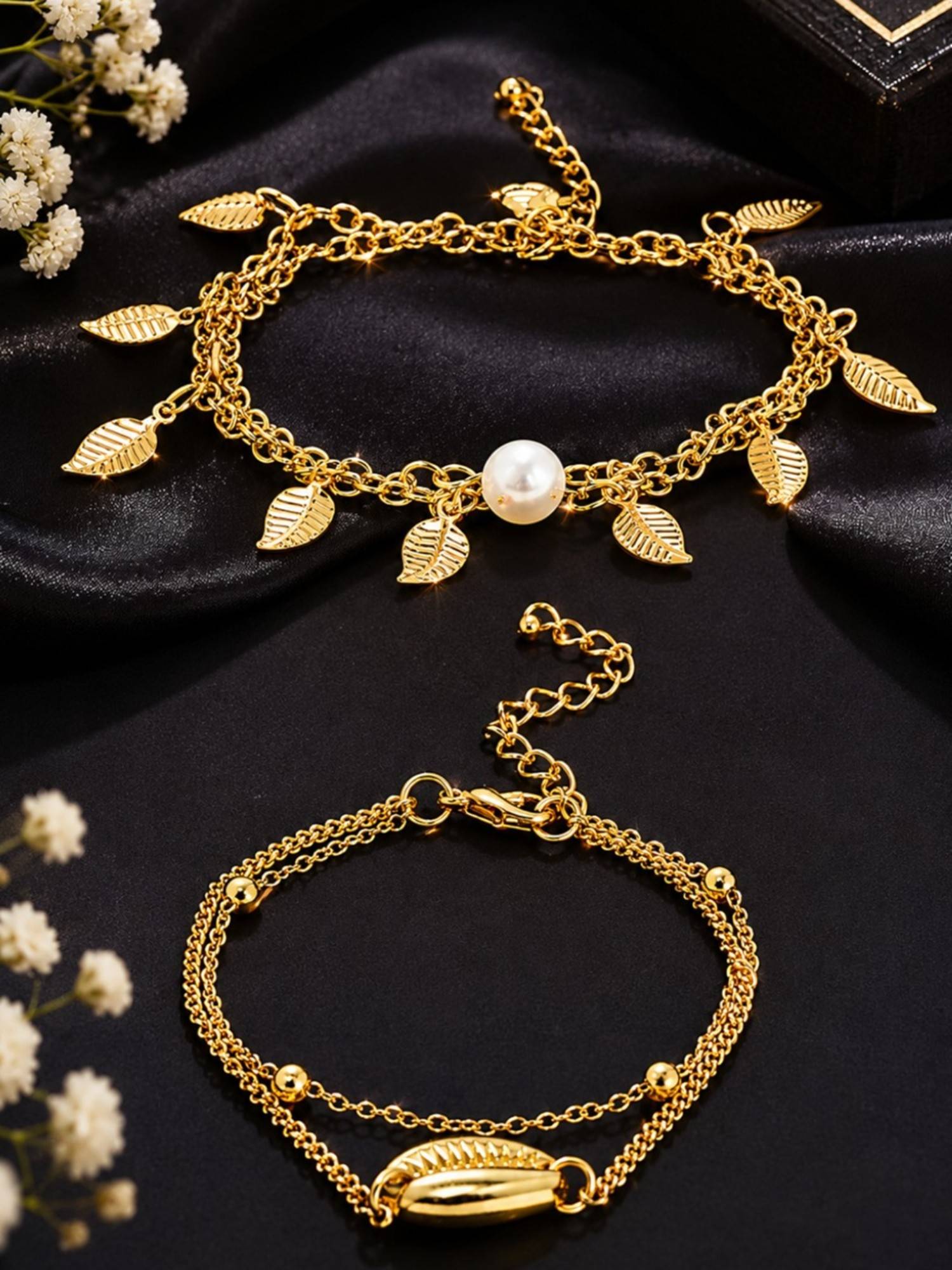 OOMPH Gold Tone Multi Layer Sea Shell Leaf Pearls Anklets (Pack of 2)