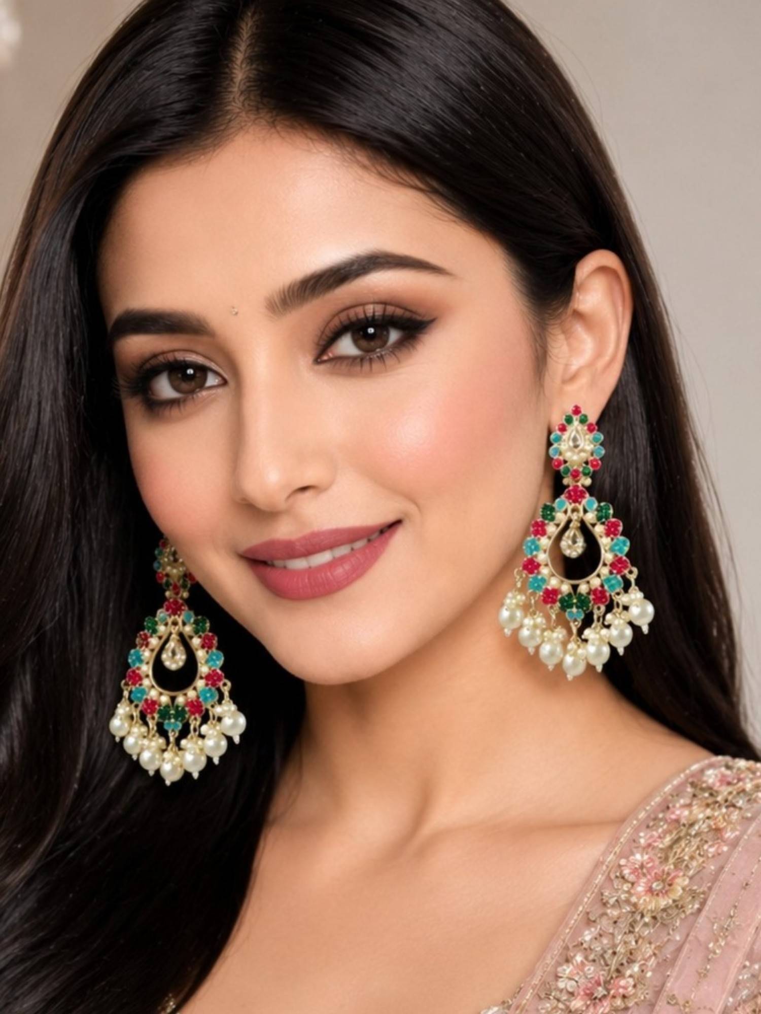 OOMPH Multi-Color Navratan Jadau Drop Earrings