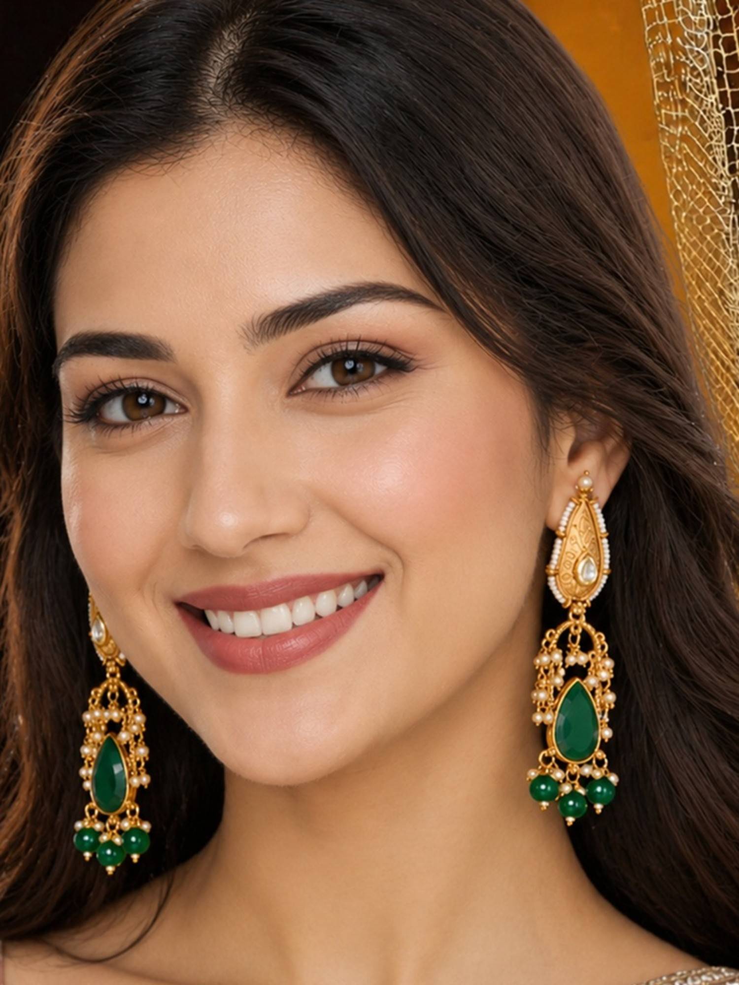 OOMPH Green Stone Matte Gold Drop Earrings