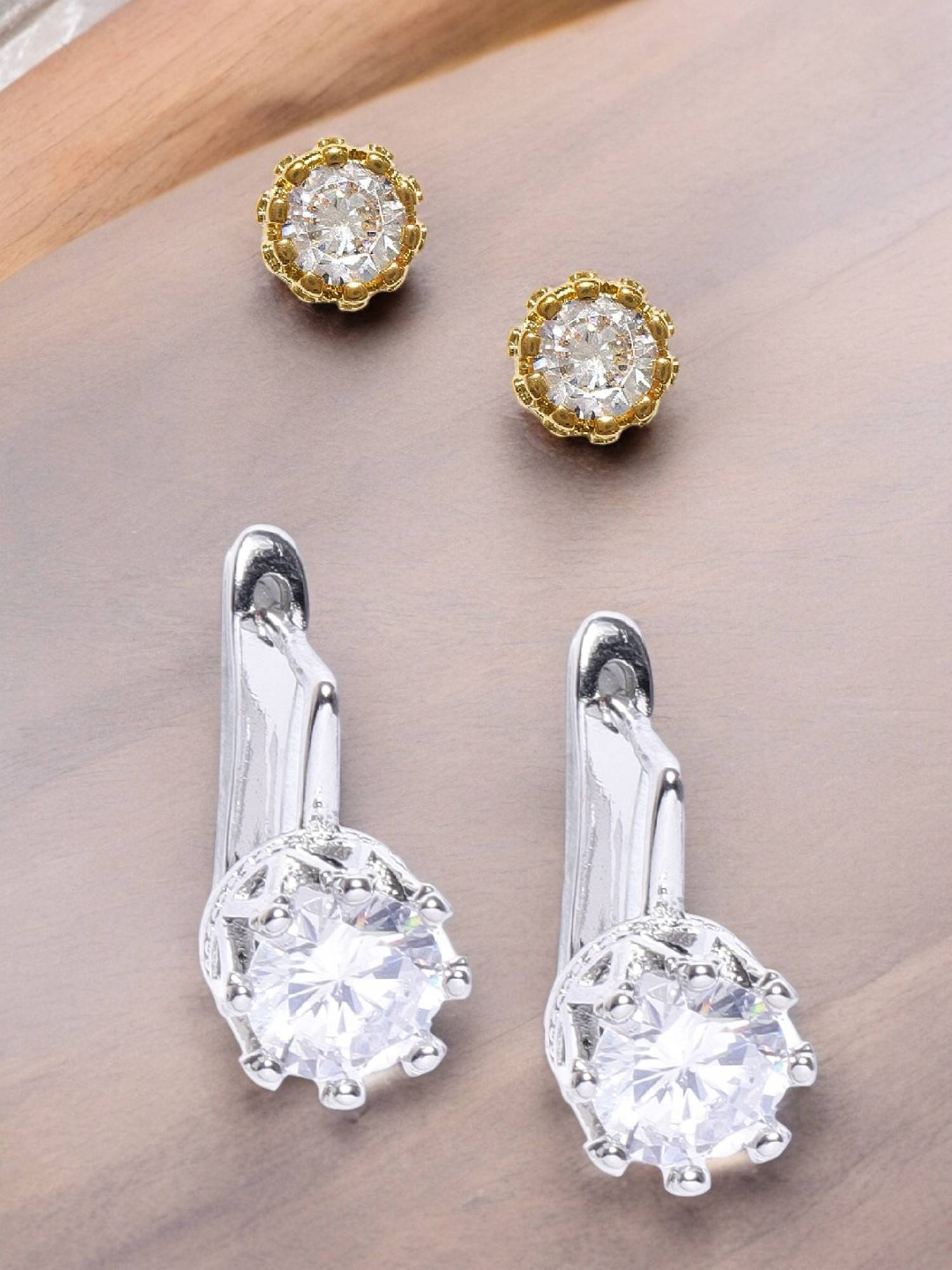 Fabula Combo of 2 Anti Tarnish Crown Cubic Zirconia Small Stud & Drop Earrings