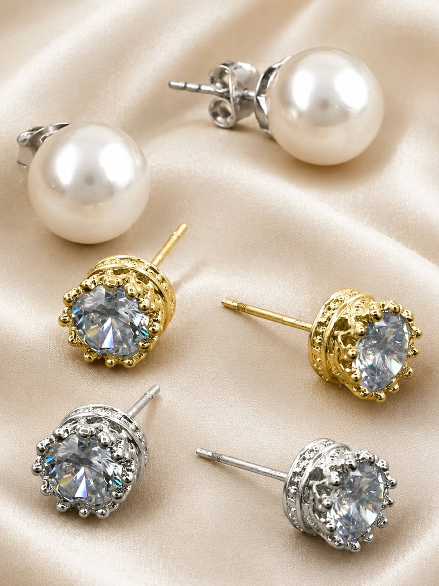 Fabula Combo of 3 Crown Cubic Zirconia & White Pearl Anti Tarnish Ear Stud Earrings