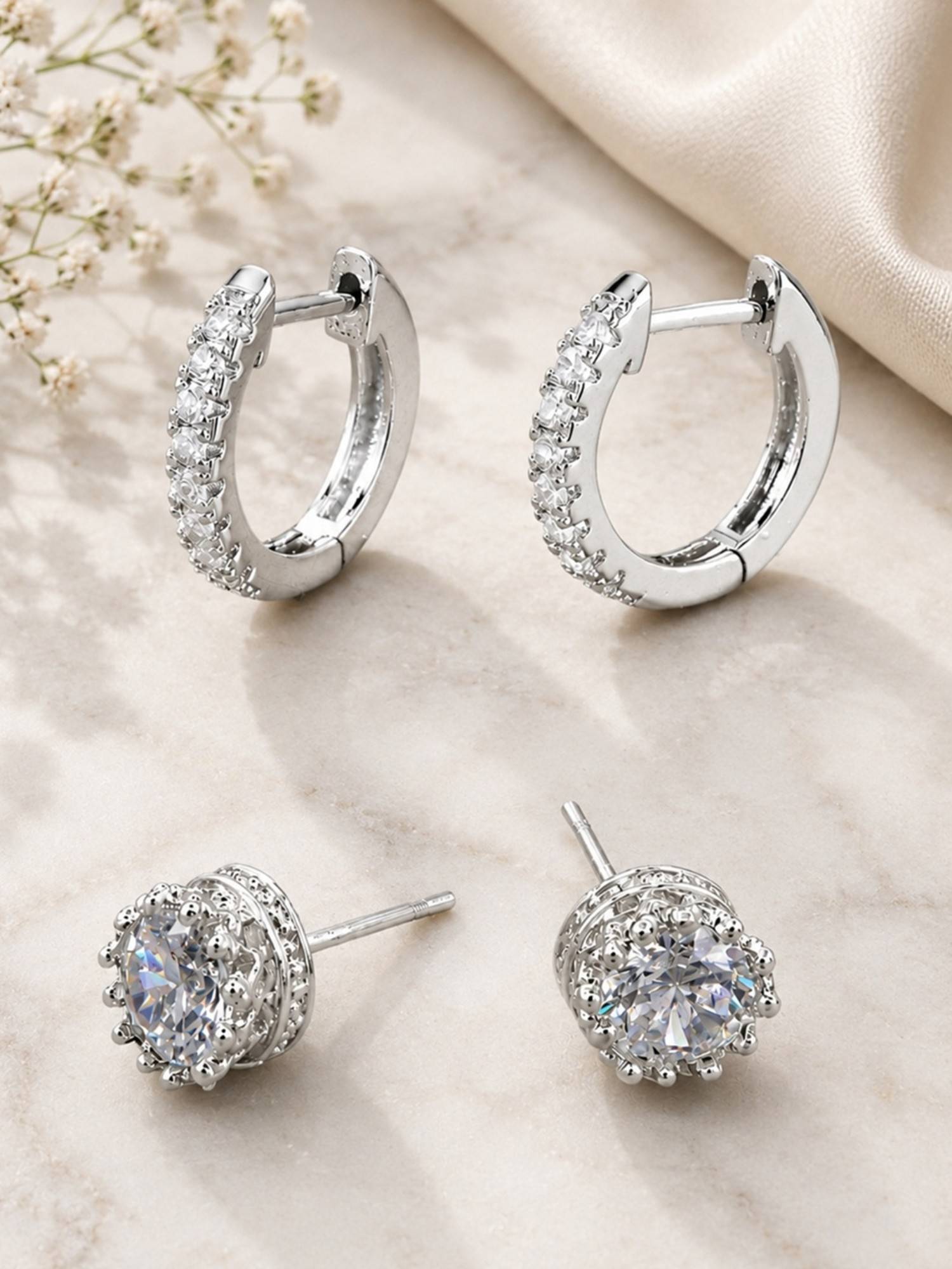 Fabula Combo of 2 Silver Cubic Zirconia Small Anti Tarnish Ear Stud Earrings