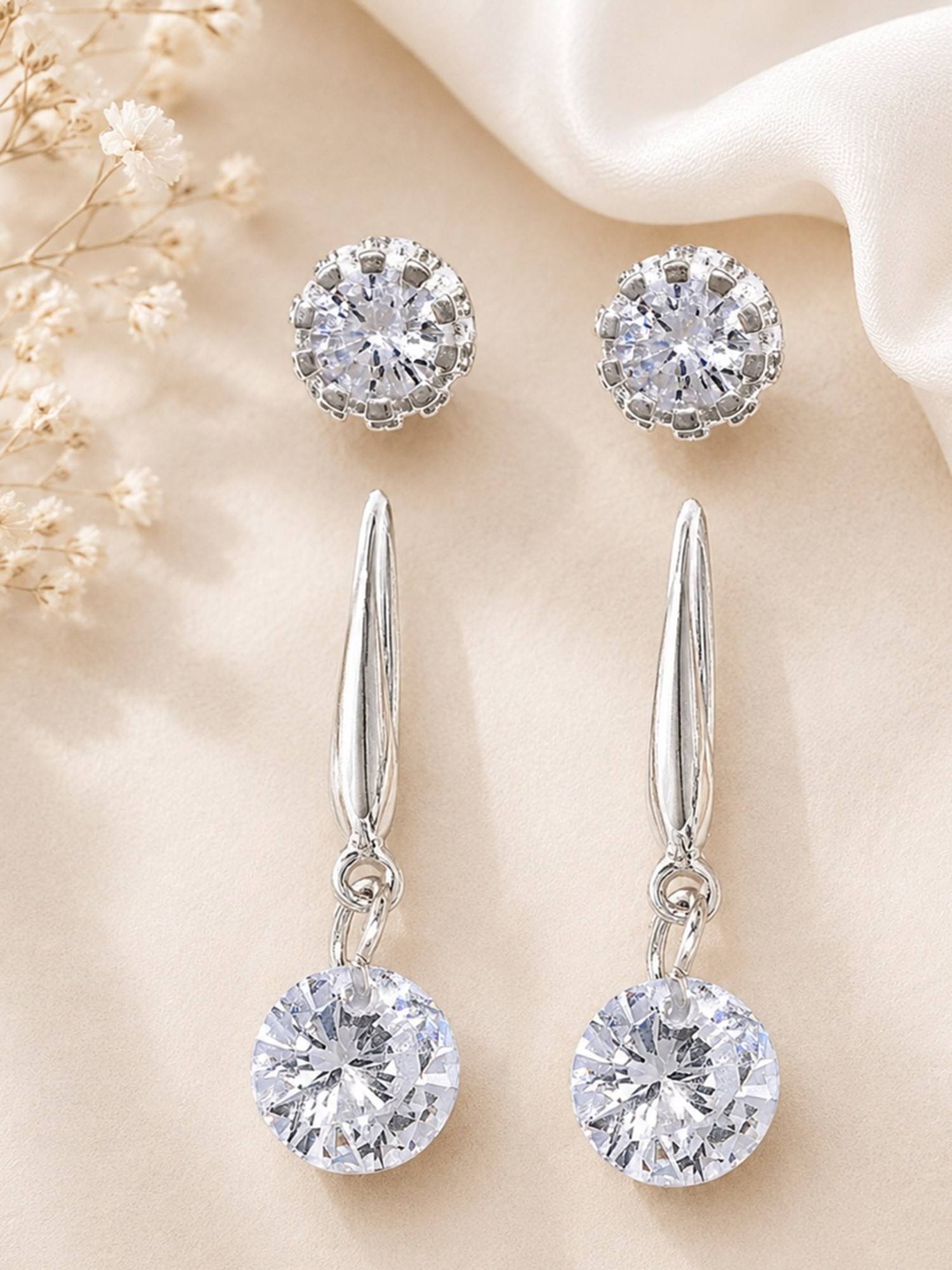 Fabula Combo of 2 Anti Tarnish Cubic Zirconia Ear Stud & Drop Earrings