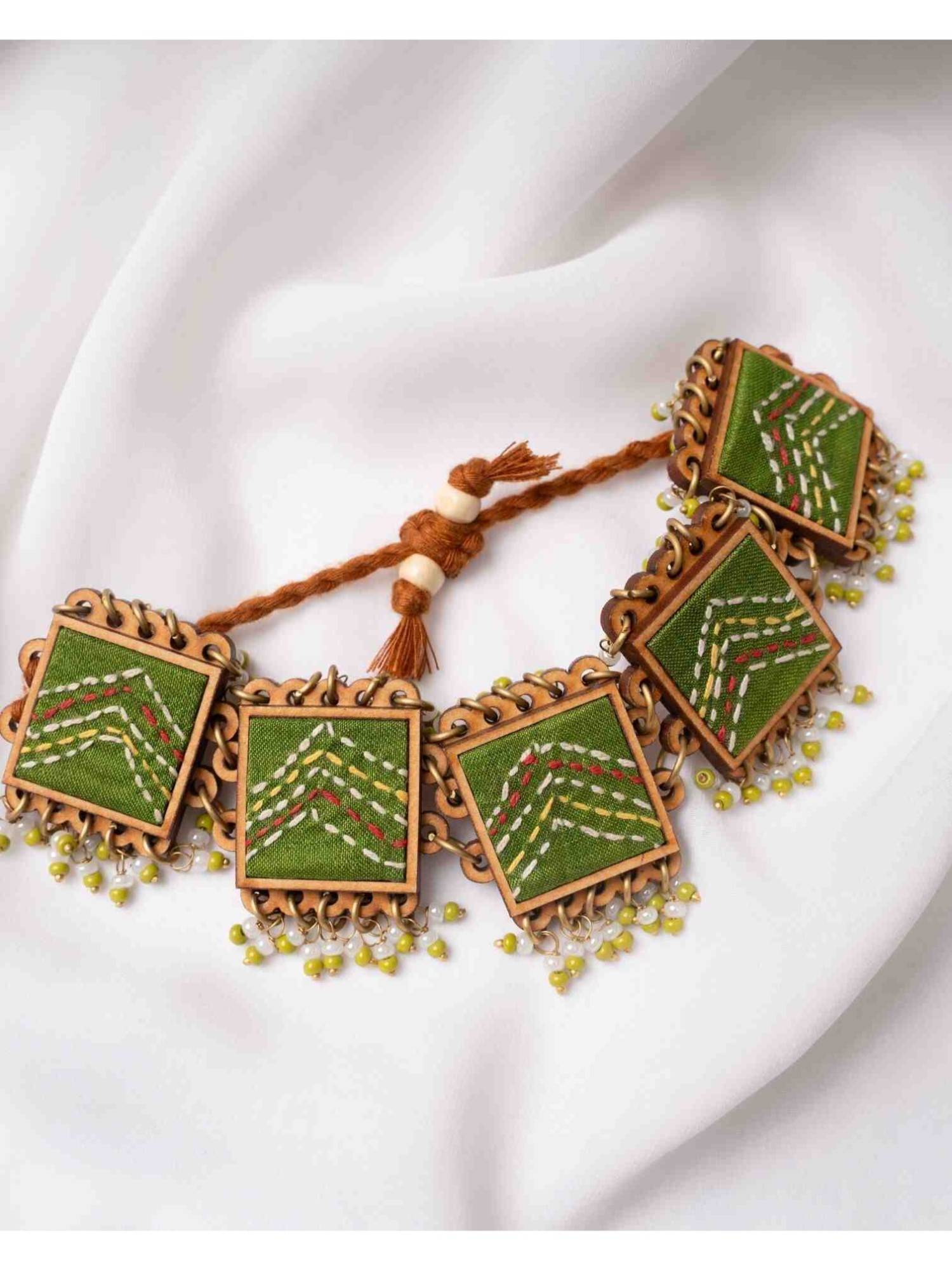 WHE Kantha Green Repurposed Silk Fabric and Wood Bracelet