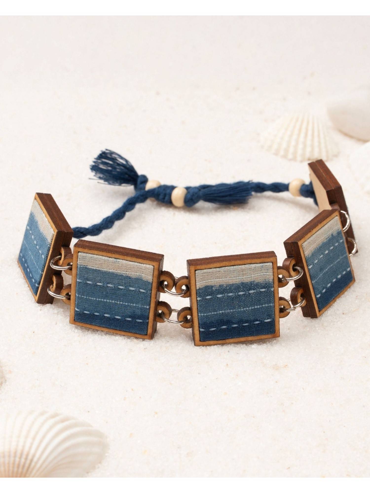 WHE Blue Repurposed Fabric and Wood Square Bracelet