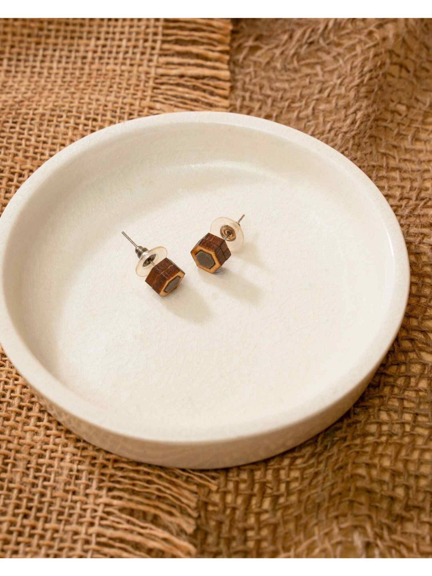 WHE Unisex Grey Hexagon Repurposed Fabric and Wood Stud Earrings