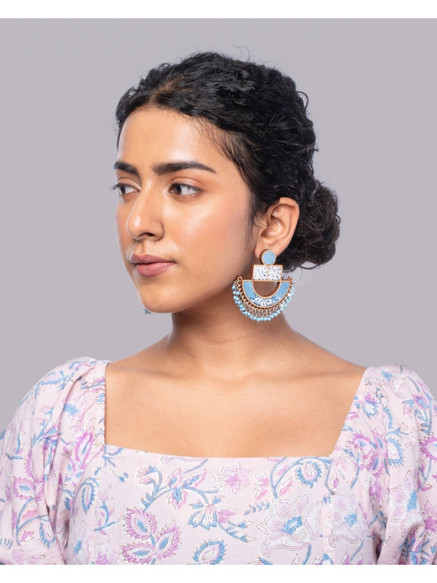 WHE Blue Repurposed Fabric and Wood Statement Earrings