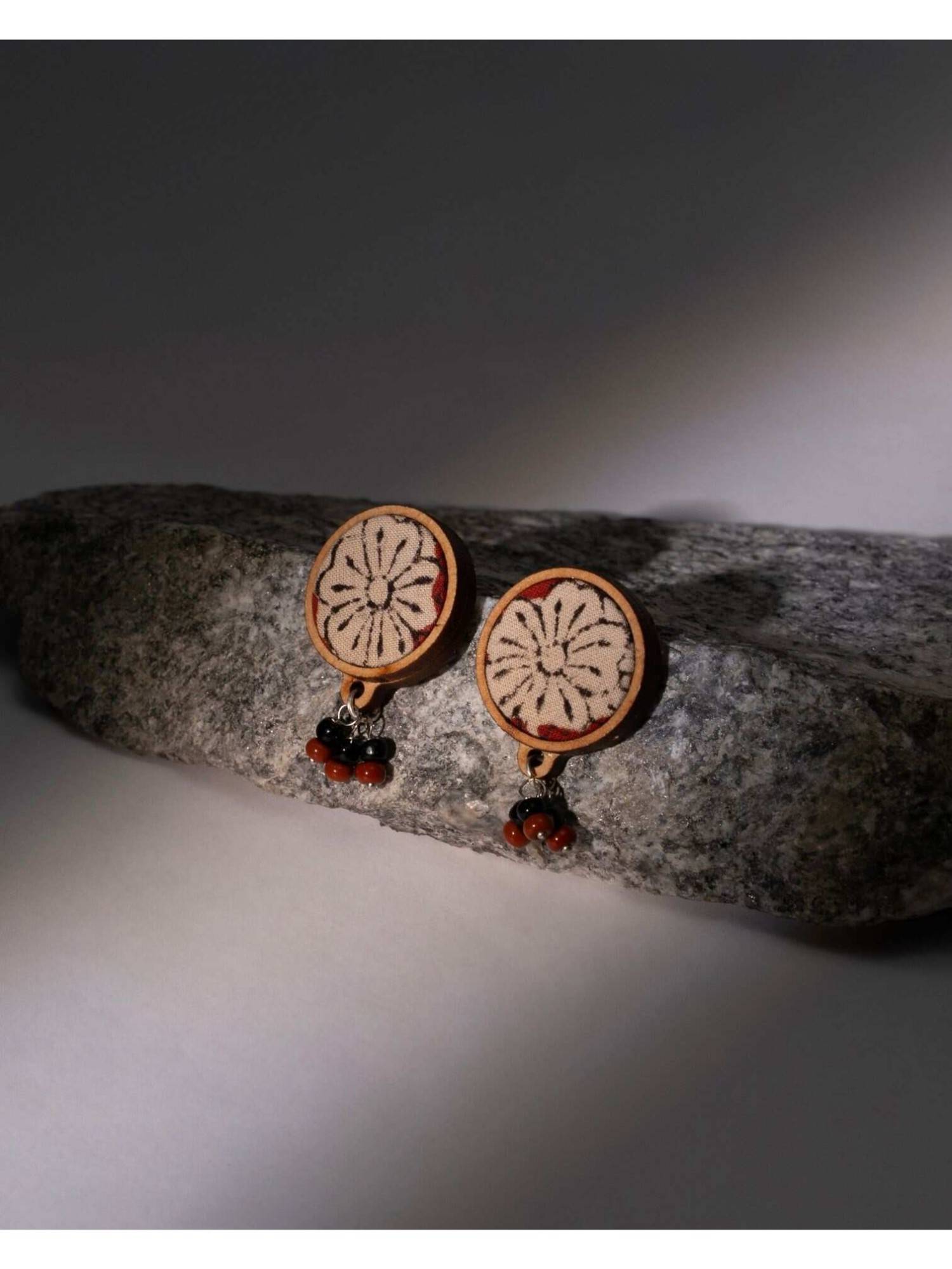 WHE Multicolor Floral Kalamkari Repurposed Fabric and Wood Round Drop Earrings