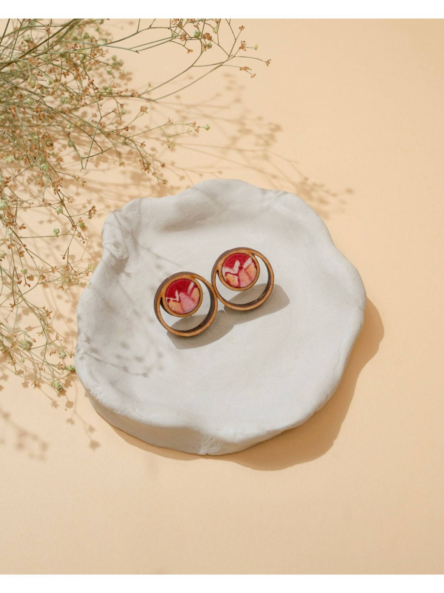 WHE Multicolor Repurposed Fabric and Wood studs Earrings