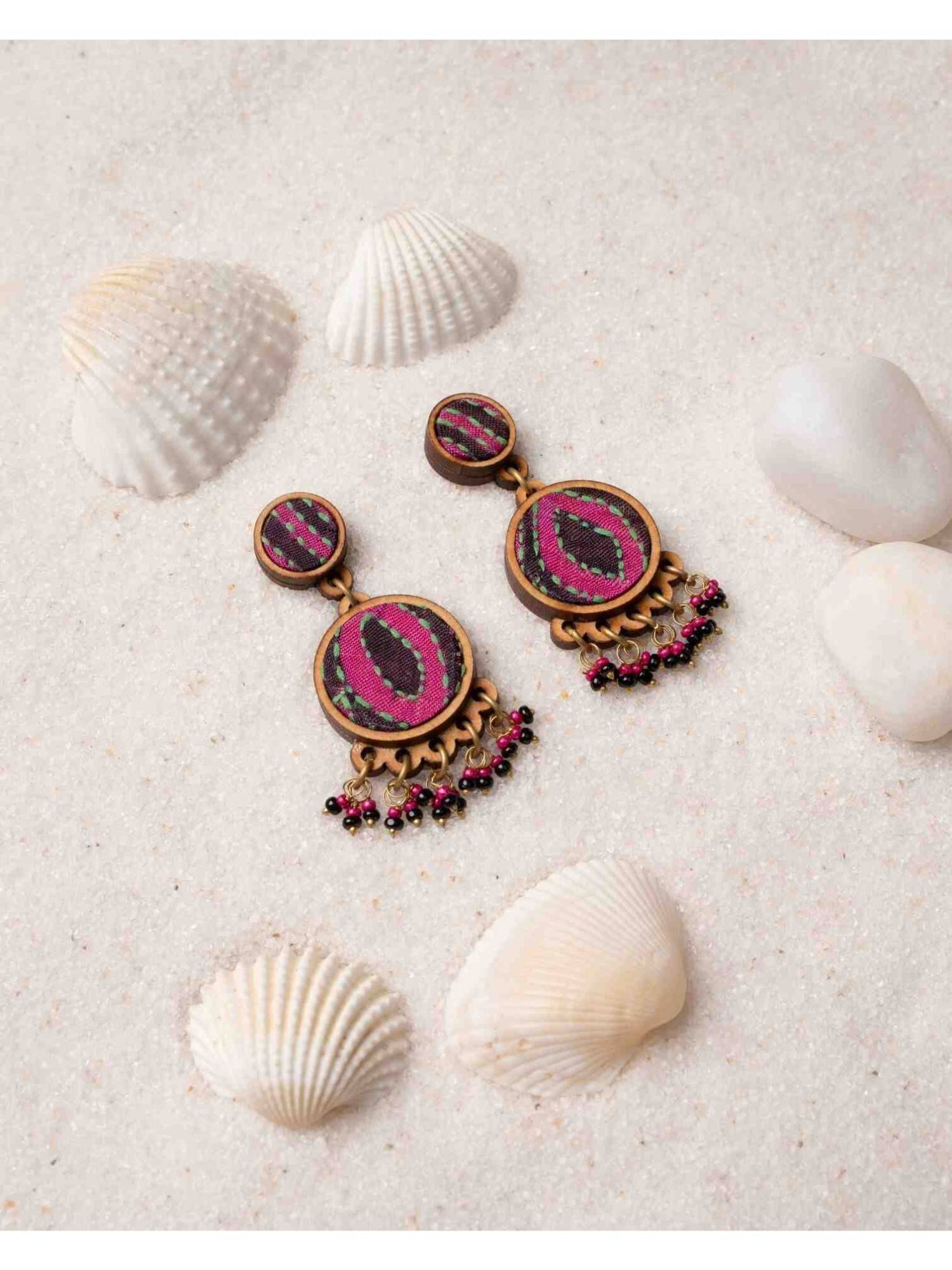 WHE Multicolor Kantha Silk Fabric and Repurposed Wood Earrings