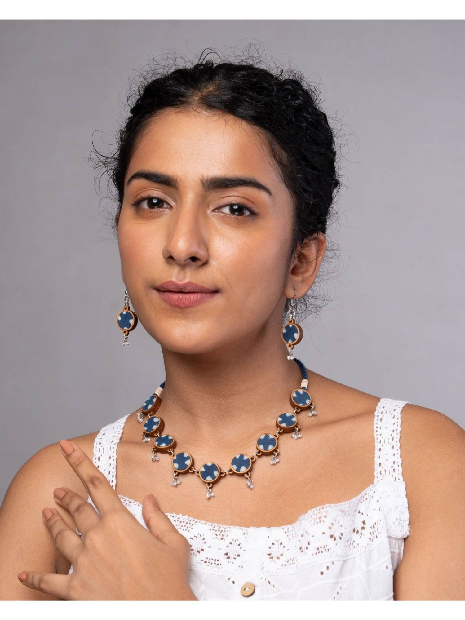 WHE Indigo Blue Repurposed Fabric and Wood Necklace