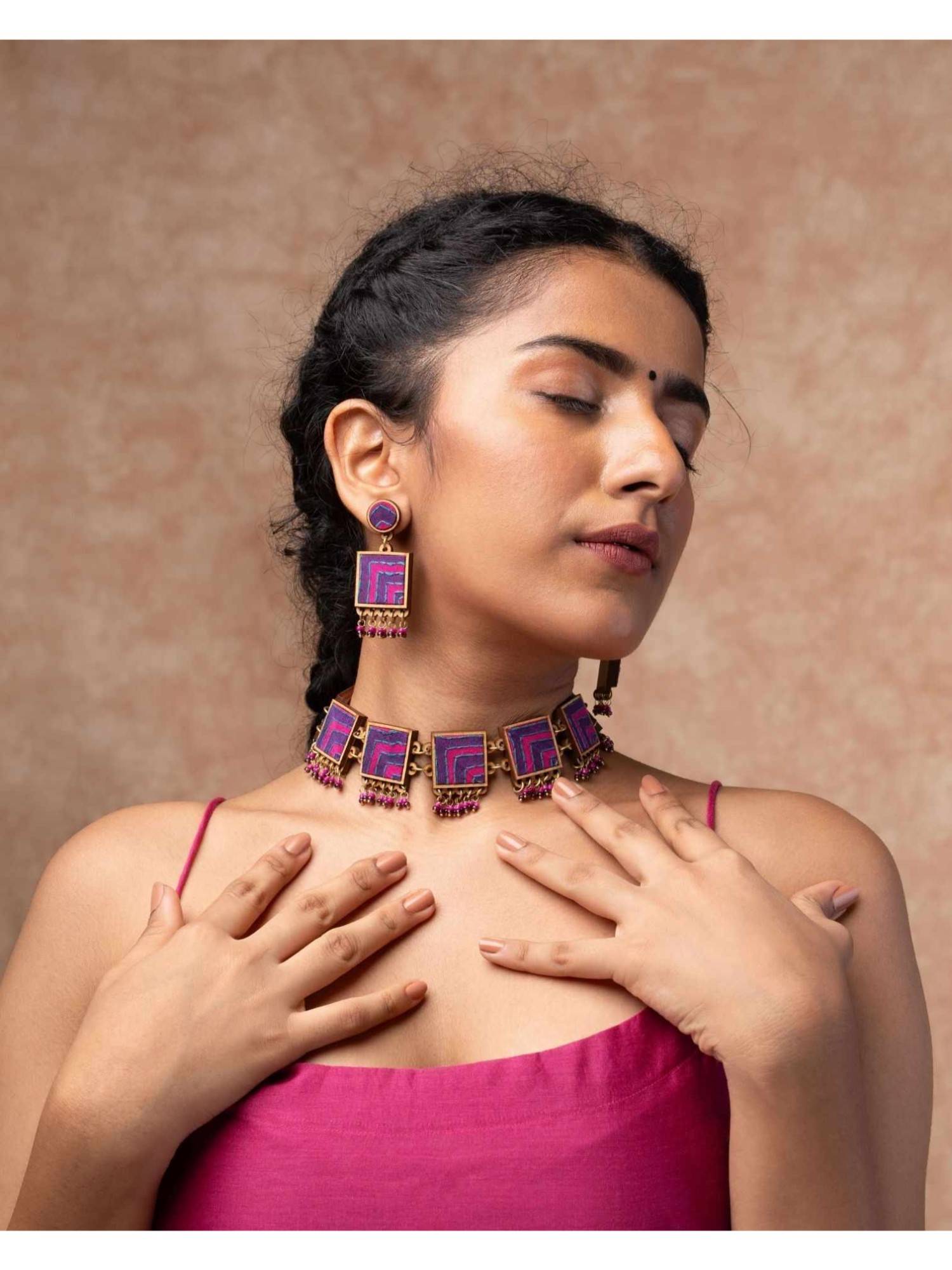 WHE Multi-Color Kantha Repurposed Silk Fabric and Wood Necklace