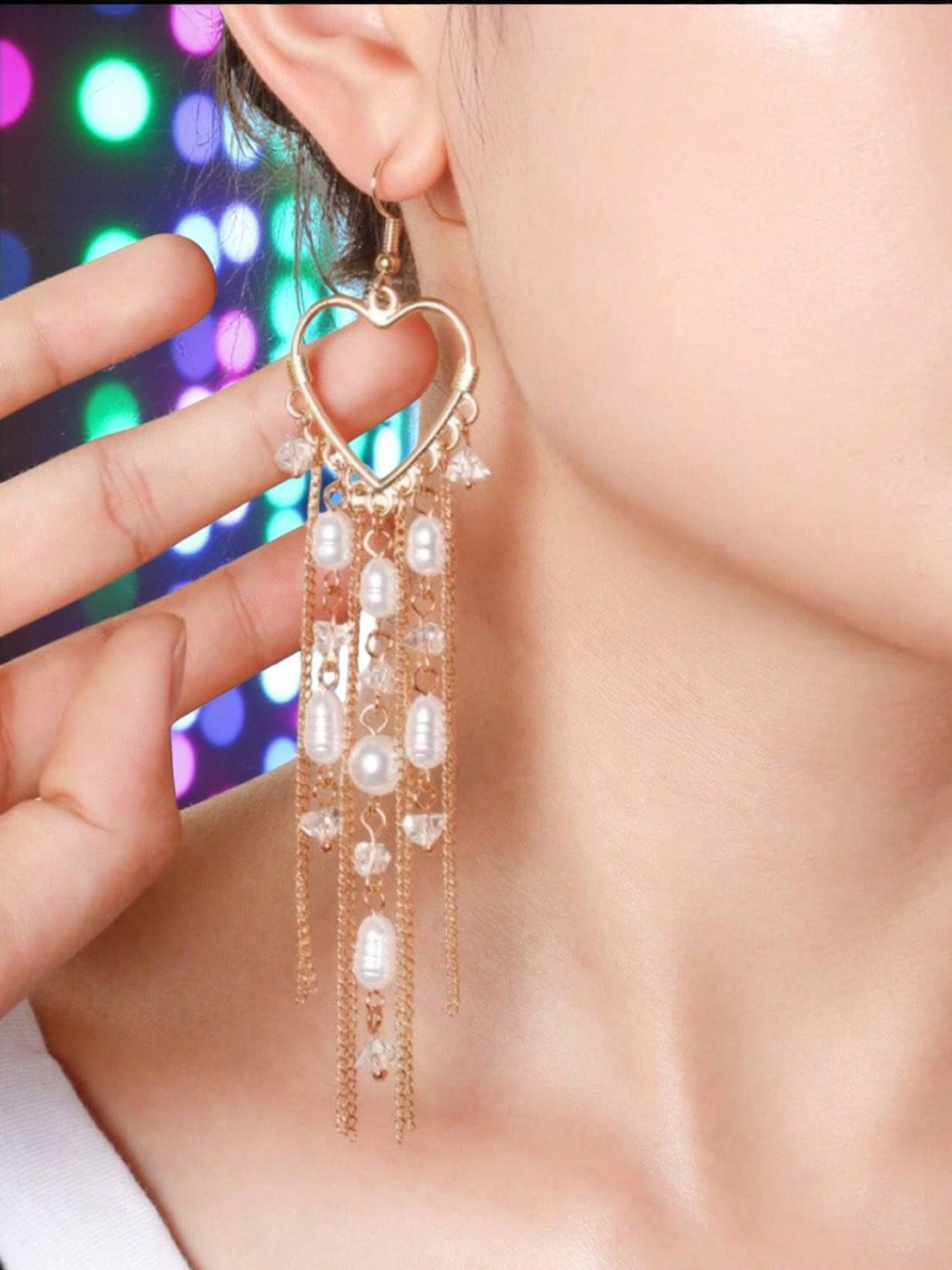 OOMPH Pearl Tassel Heart Design Long Drop Earrings